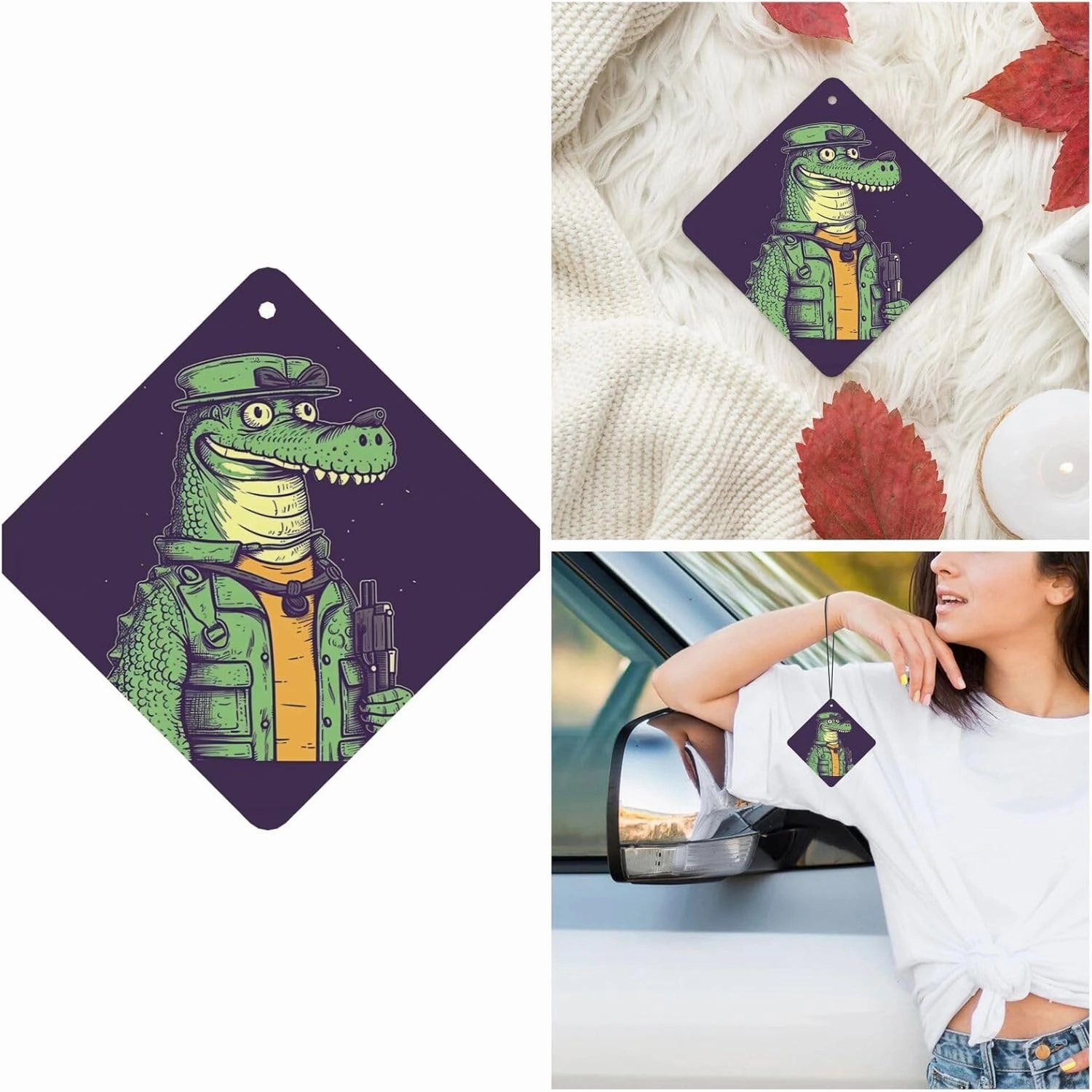 Crocodile holding gun Print Car Air Fresheners 6 Pcs Car Aromatherapy Tablets Hanging Air Freshener Wardrobe Pendant Fragrance Scented Cards for Rearview Mirror Bedroom Car Interior Decor