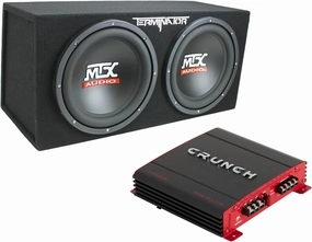 Crunch 2 Channel 1000 Watt Amp Car Audio Stereo Amplifier and MTX 12 Inch 1200 Watt Car Audio Dual Loaded Subwoofer Box Enclosure (2 Pack)