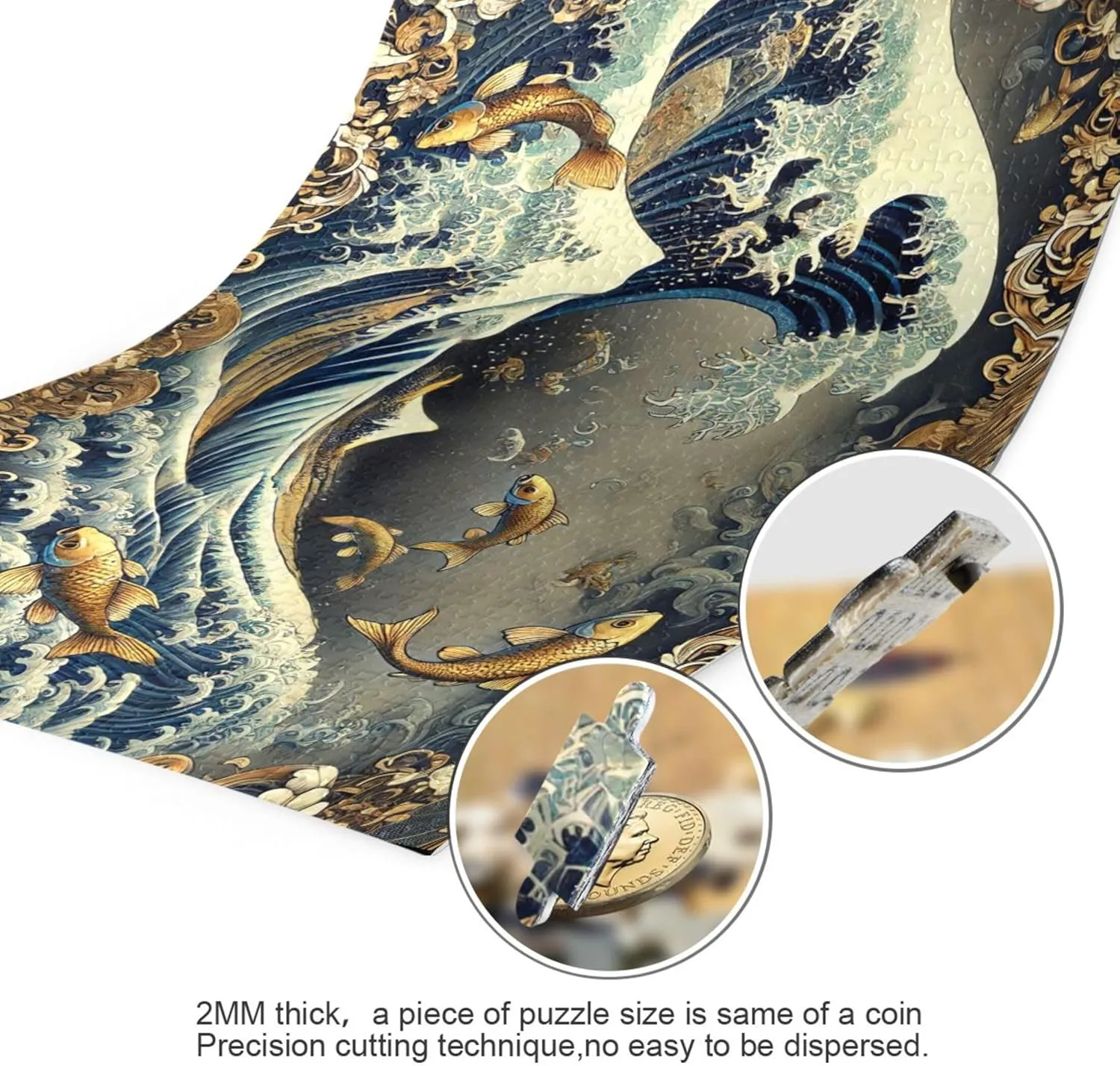 Custom Ocean Waves Gold Fish Jigsaw Puzzle 500 Pieces Adults Scenery Animal Art Unique Puzzles for Adults Tech Game Puzzle Gifts, 20.5" x 14.9"