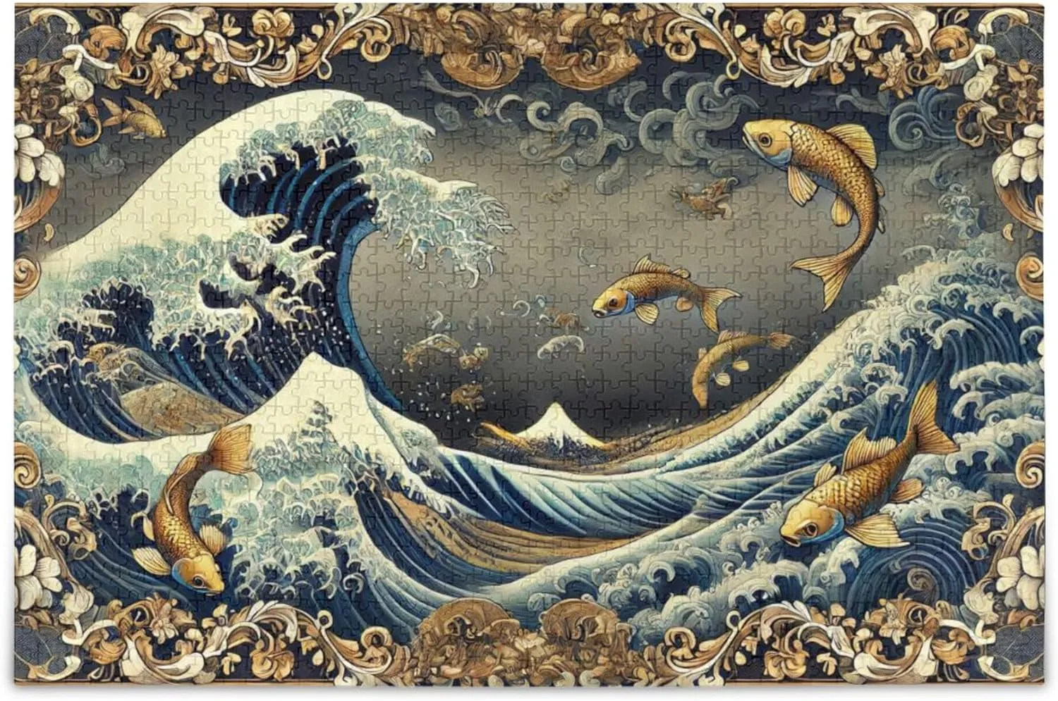 Custom Ocean Waves Gold Fish Jigsaw Puzzle 500 Pieces Adults Scenery Animal Art Unique Puzzles for Adults Tech Game Puzzle Gifts, 20.5" x 14.9"