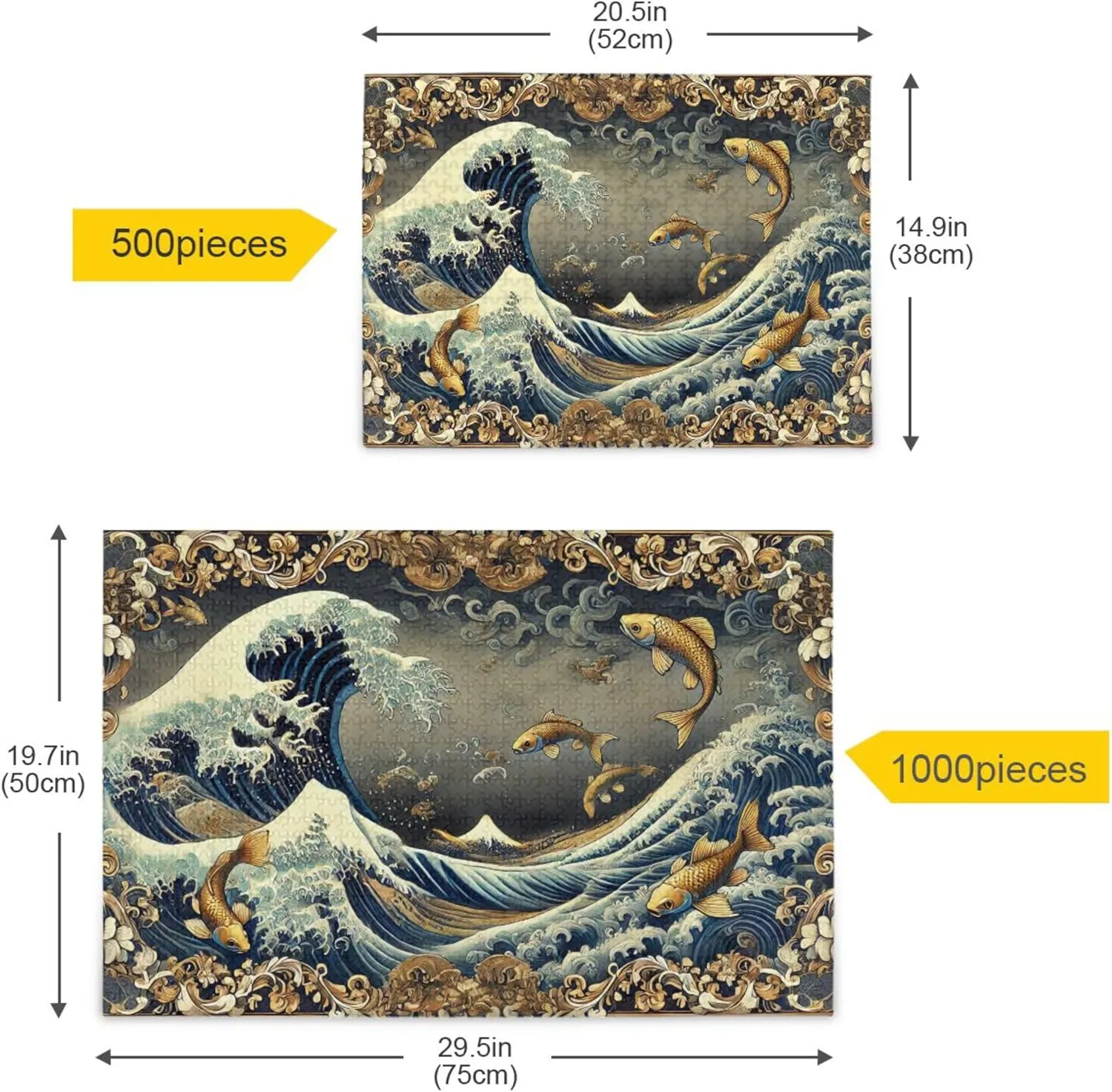 Custom Ocean Waves Gold Fish Jigsaw Puzzle 500 Pieces Adults Scenery Animal Art Unique Puzzles for Adults Tech Game Puzzle Gifts, 20.5" x 14.9"