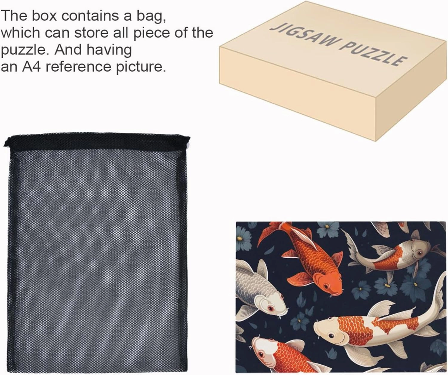 Custom Colorful Koi Fish Print Jigsaw Puzzle 1000 Pieces Adult Artwork Animal Print Family Fun Puzzle Gifts for White Elephant Game, 29.5" x 19.7"