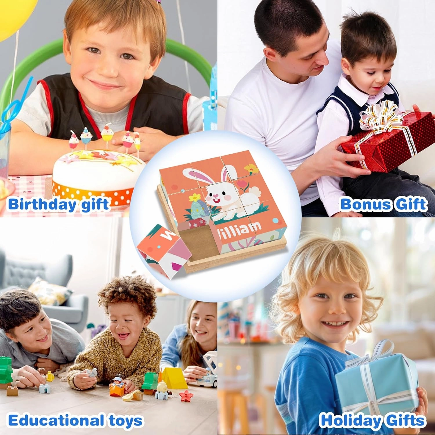 Custom Name Wooden Cube Rabbit Puzzles for Kindergarten Kids, Personalized 6 Cute Rabbit Puzzles in 1 for Preschool Boys Girls, 9 PCS Puzzle with Storage Tray for 1-3 Years