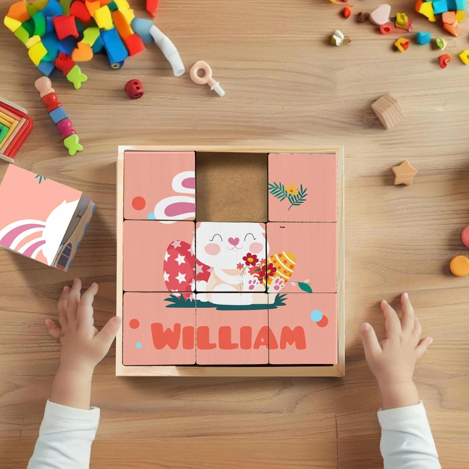 Custom Name Wooden Cube Rabbit Puzzles for Kindergarten Kids, Personalized 6 Cute Rabbit Puzzles in 1 for Preschool Boys Girls, 9 PCS Puzzle with Storage Tray for 1-3 Years