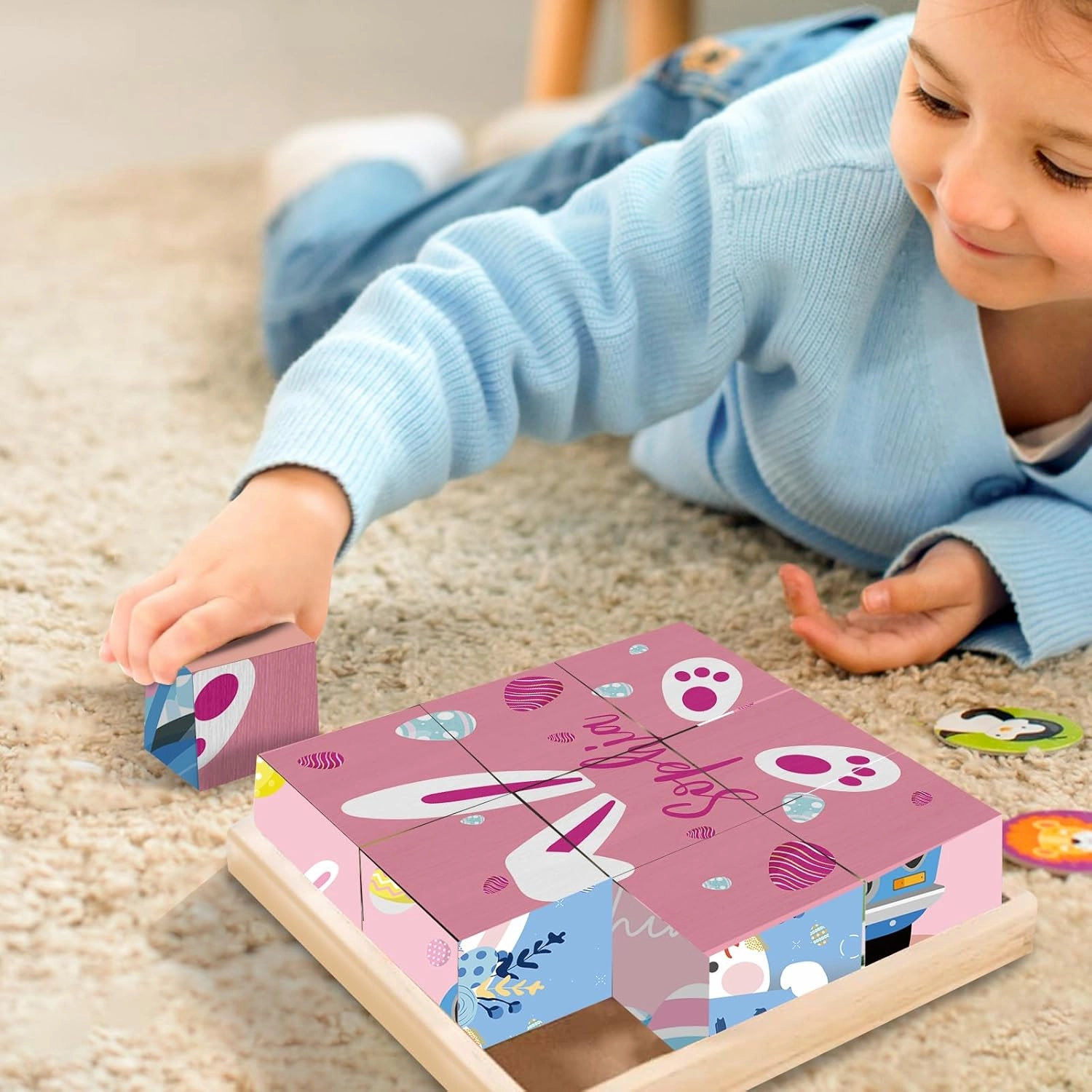 Custom Name Wooden Cube Rabbit Puzzles for Kindergarten Kids, Personalized 6 Cute Rabbit Puzzles in 1 for Preschool Boys Girls, 9 PCS Puzzle with Storage Tray for 1-3 Years