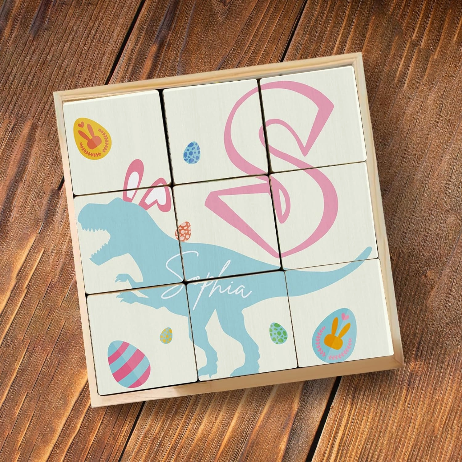Custom Name Wooden Cube Rabbit Puzzles for Kindergarten Kids, Personalized 6 Cute Rabbit Puzzles in 1 for Preschool Boys Girls, 9 PCS Puzzle with Storage Tray for 1-3 Years