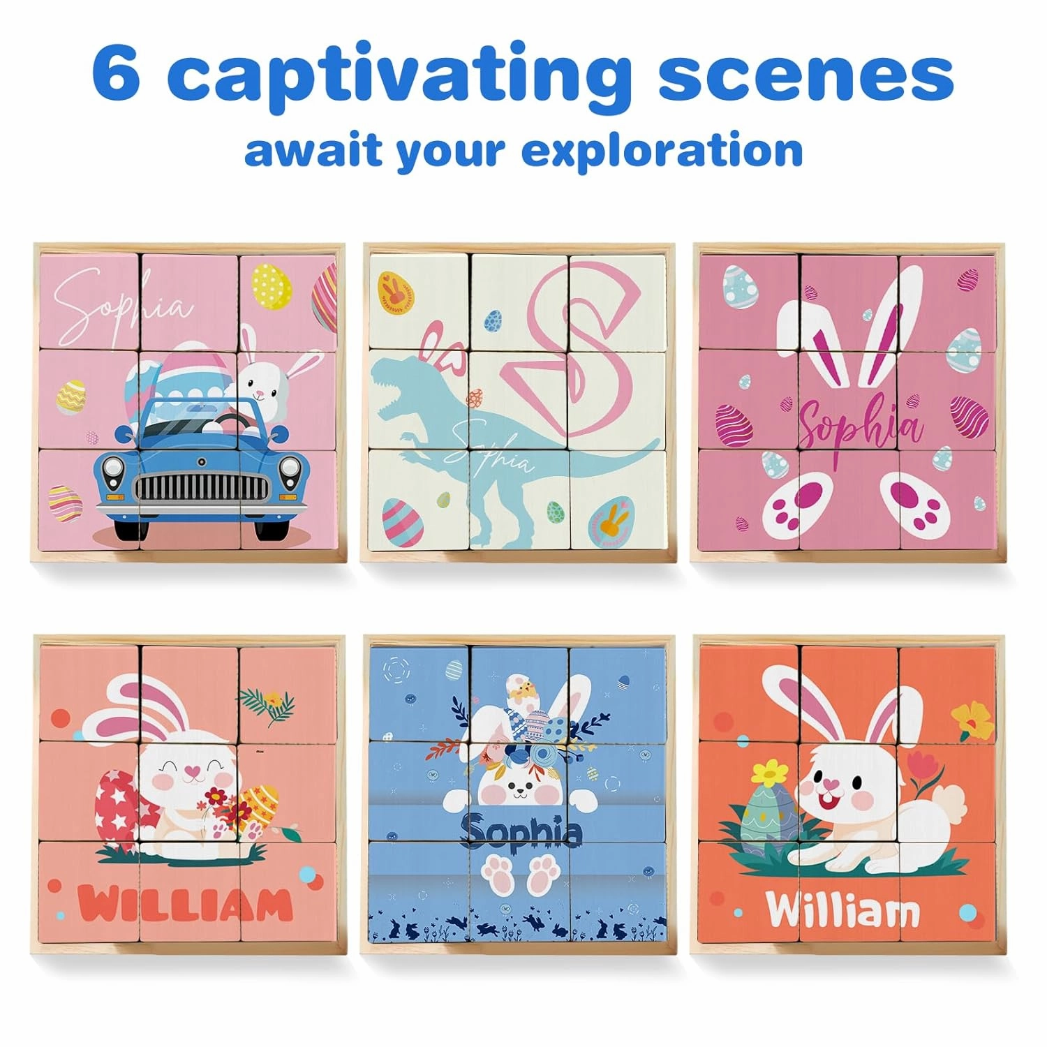 Custom Name Wooden Cube Rabbit Puzzles for Kindergarten Kids, Personalized 6 Cute Rabbit Puzzles in 1 for Preschool Boys Girls, 9 PCS Puzzle with Storage Tray for 1-3 Years