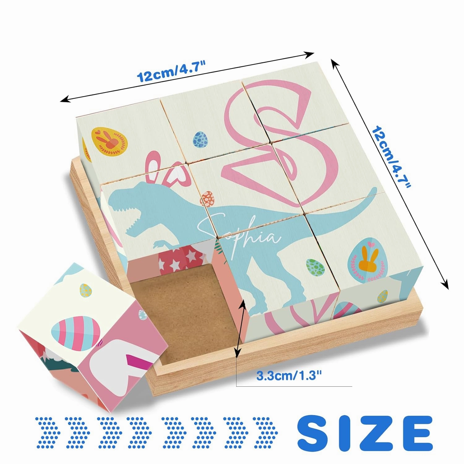 Custom Name Wooden Cube Rabbit Puzzles for Kindergarten Kids, Personalized 6 Cute Rabbit Puzzles in 1 for Preschool Boys Girls, 9 PCS Puzzle with Storage Tray for 1-3 Years