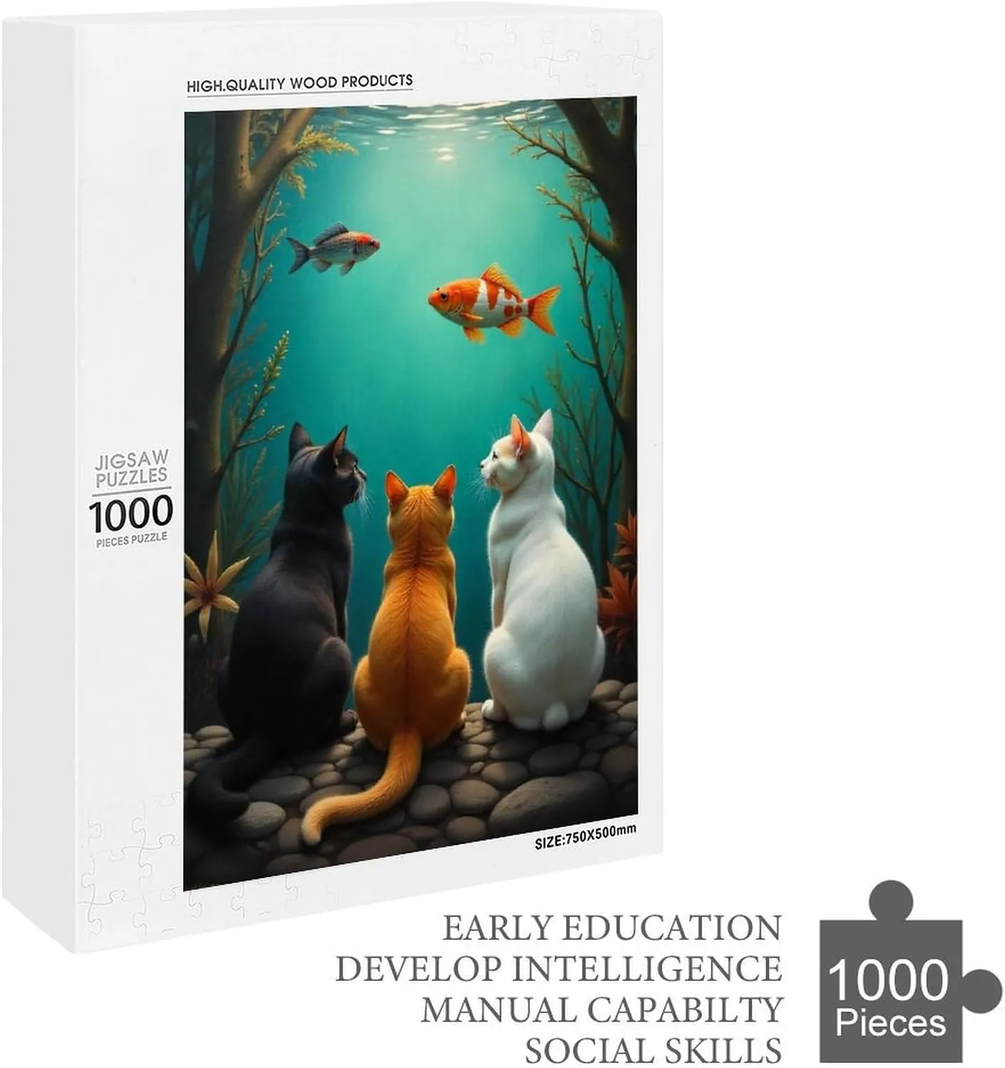 Cute Cat and Fish 1000 Piece Puzzle Children Elderly Puzzle Gift for Mom Dad Family Friend Family Activity Games Home Decor Wall Art Decor