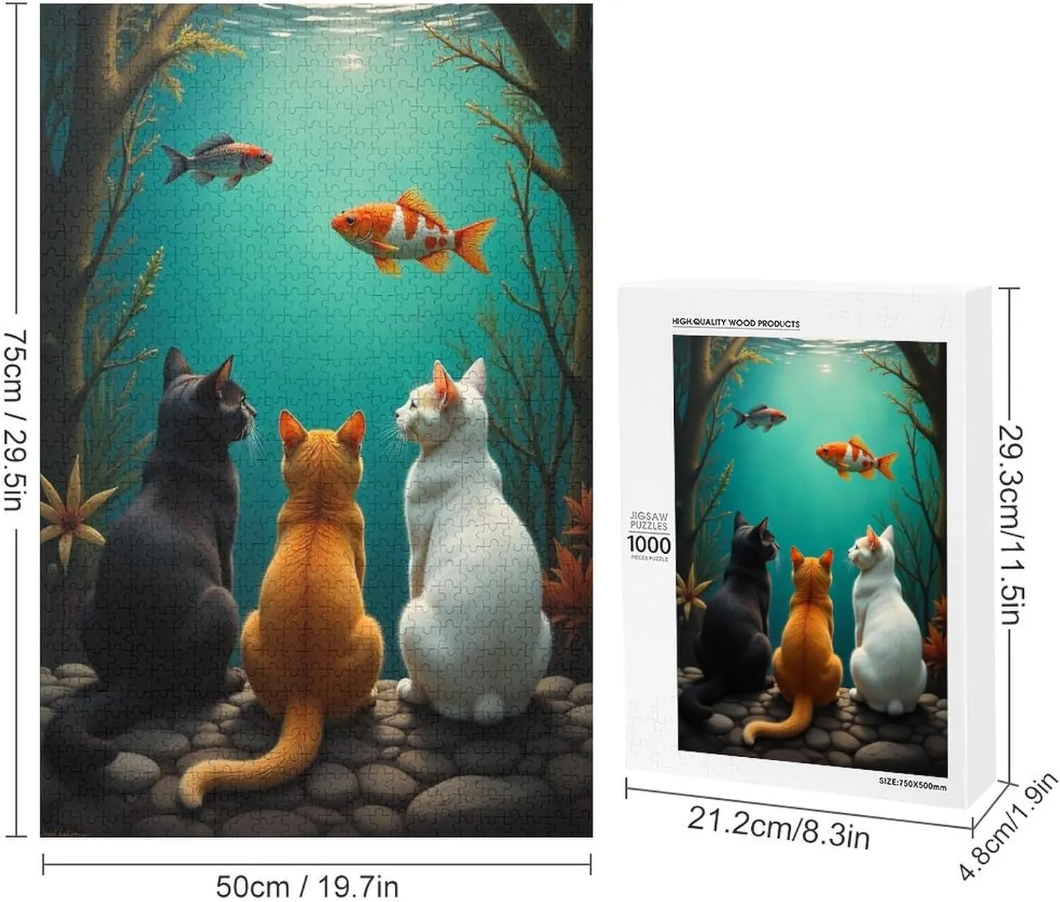 Cute Cat and Fish 1000 Piece Puzzle Children Elderly Puzzle Gift for Mom Dad Family Friend Family Activity Games Home Decor Wall Art Decor