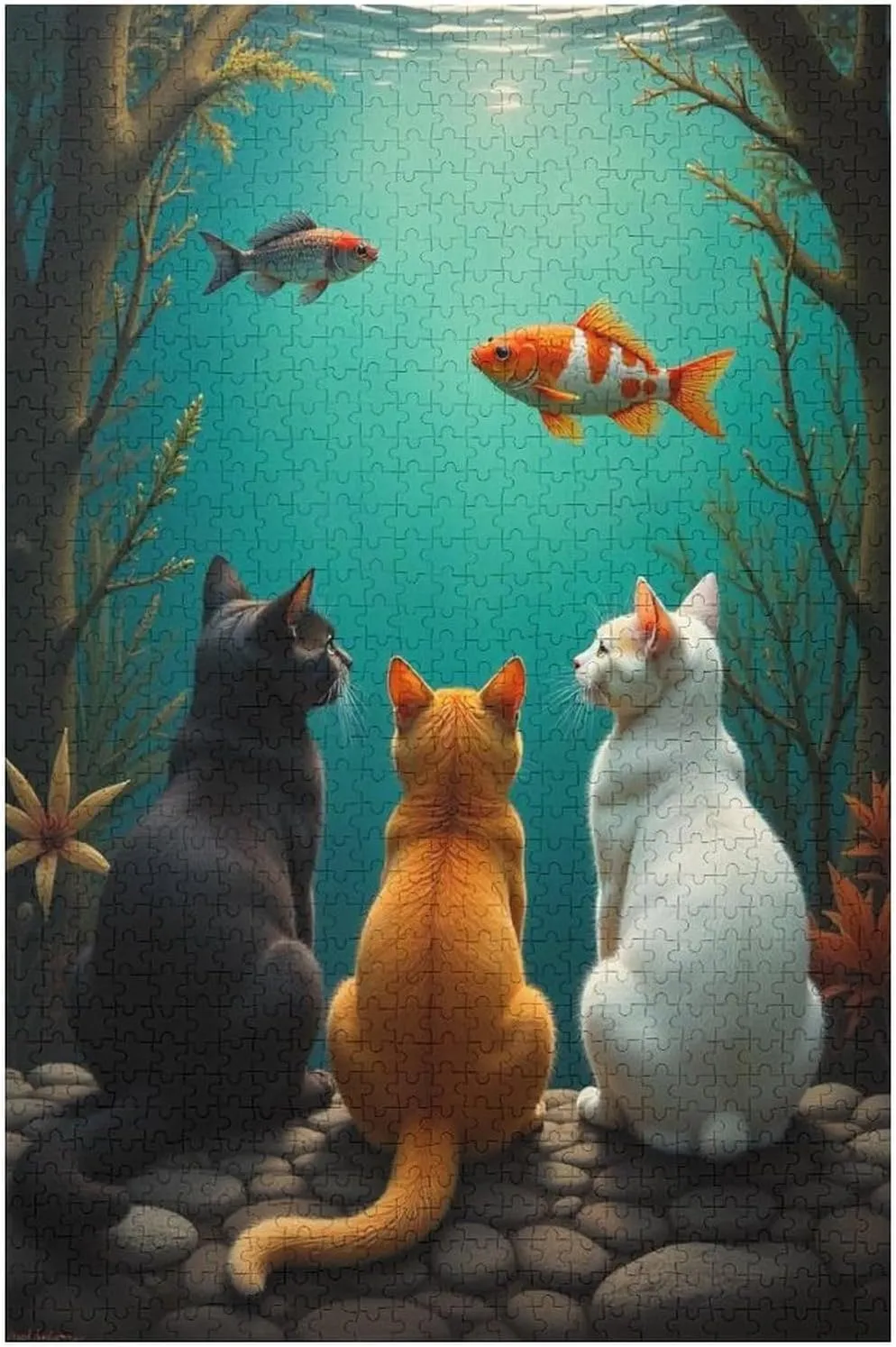 Cute Cat and Fish 1000 Piece Puzzle Children Elderly Puzzle Gift for Mom Dad Family Friend Family Activity Games Home Decor Wall Art Decor