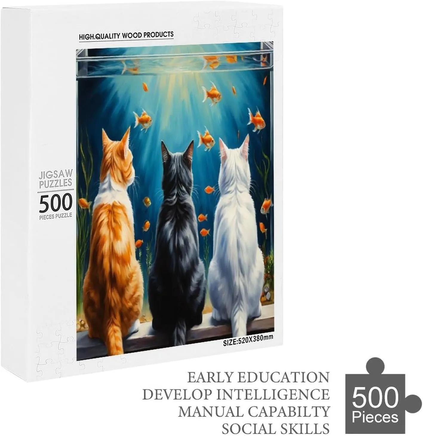 Cute Cat and Fish Funny Impossible Puzzle for Adult and Kids Hard Challenge 500 Piece Puzzles Recycled Jigsaw Puzzles for Game Home Decor