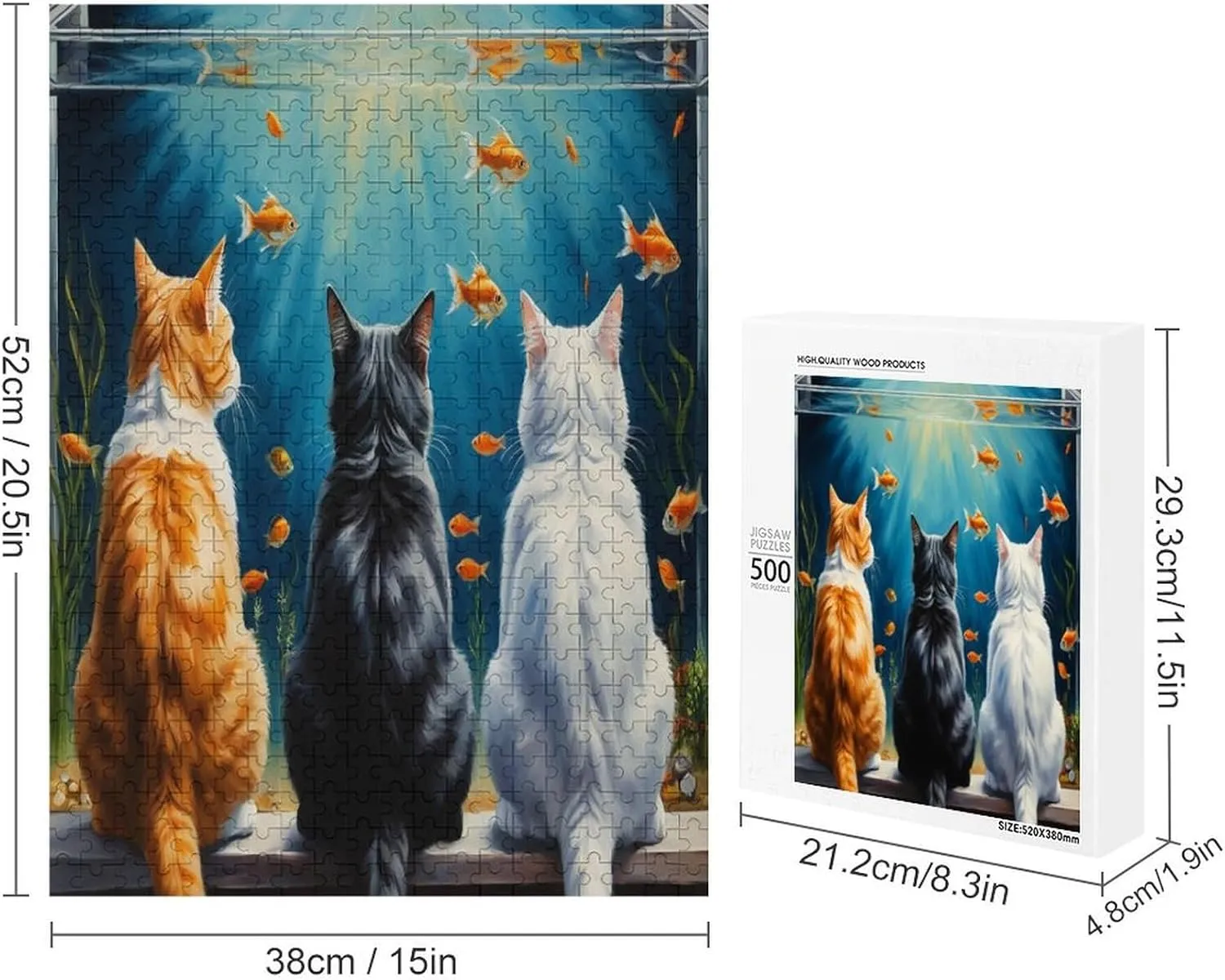 Cute Cat and Fish Funny Impossible Puzzle for Adult and Kids Hard Challenge 500 Piece Puzzles Recycled Jigsaw Puzzles for Game Home Decor