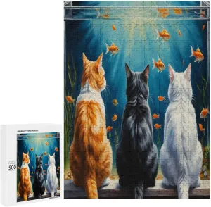 Cute Cat and Fish Funny Impossible Puzzle for Adult and Kids Hard Challenge 500 Piece Puzzles Recycled Jigsaw Puzzles for Game Home Decor