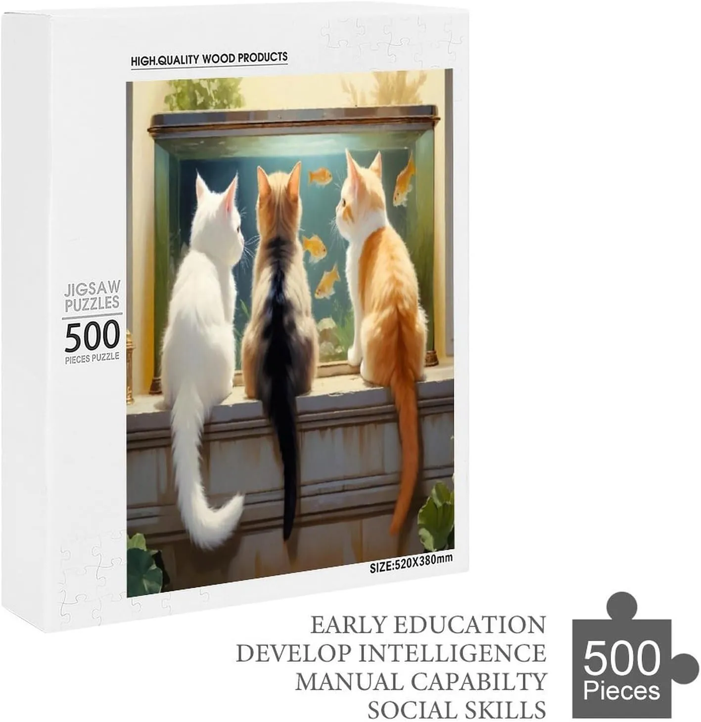 Cute Cat and Fish Jigsaw Puzzle for Adults and Families Greaty 500 Piece Puzzles Family Game Night Activity Unique Precision Fit Pieces