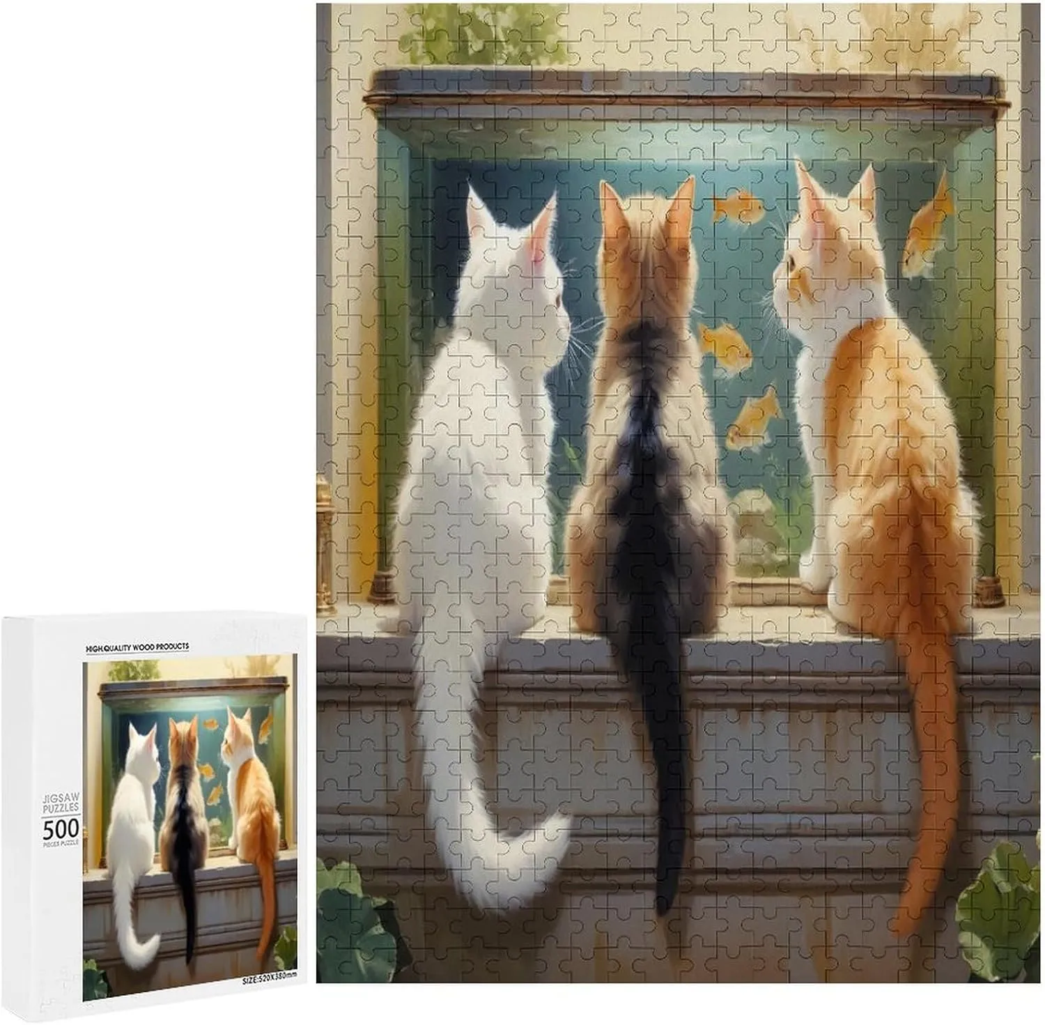 Cute Cat and Fish Jigsaw Puzzle for Adults and Families Greaty 500 Piece Puzzles Family Game Night Activity Unique Precision Fit Pieces