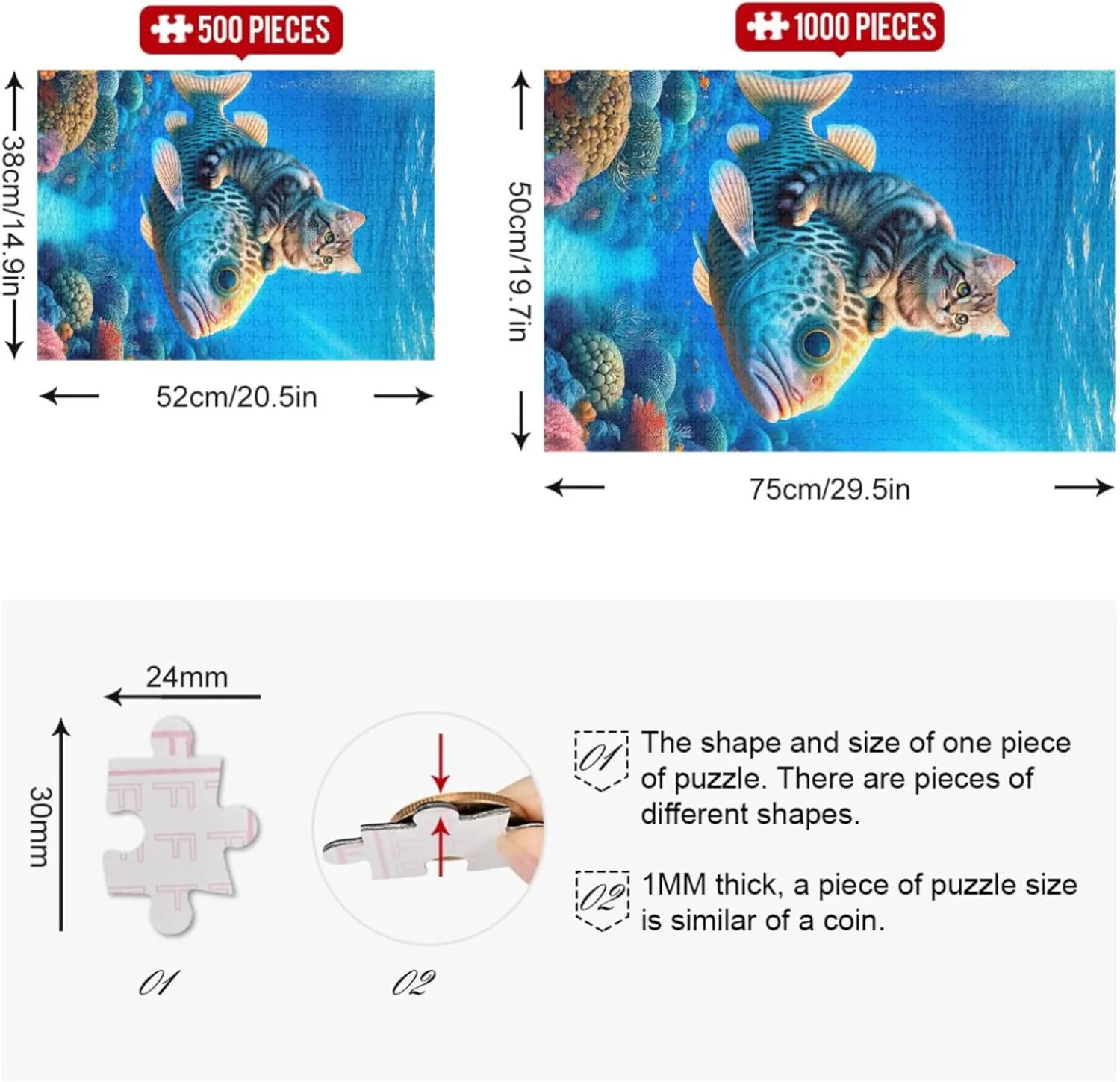 Cute Cat Riding Fish 1000 Piece Jigsaw Puzzle Adults Home Decor Art Family Puzzles Game Puzzle Gifts, 29.5x19.7 Inch