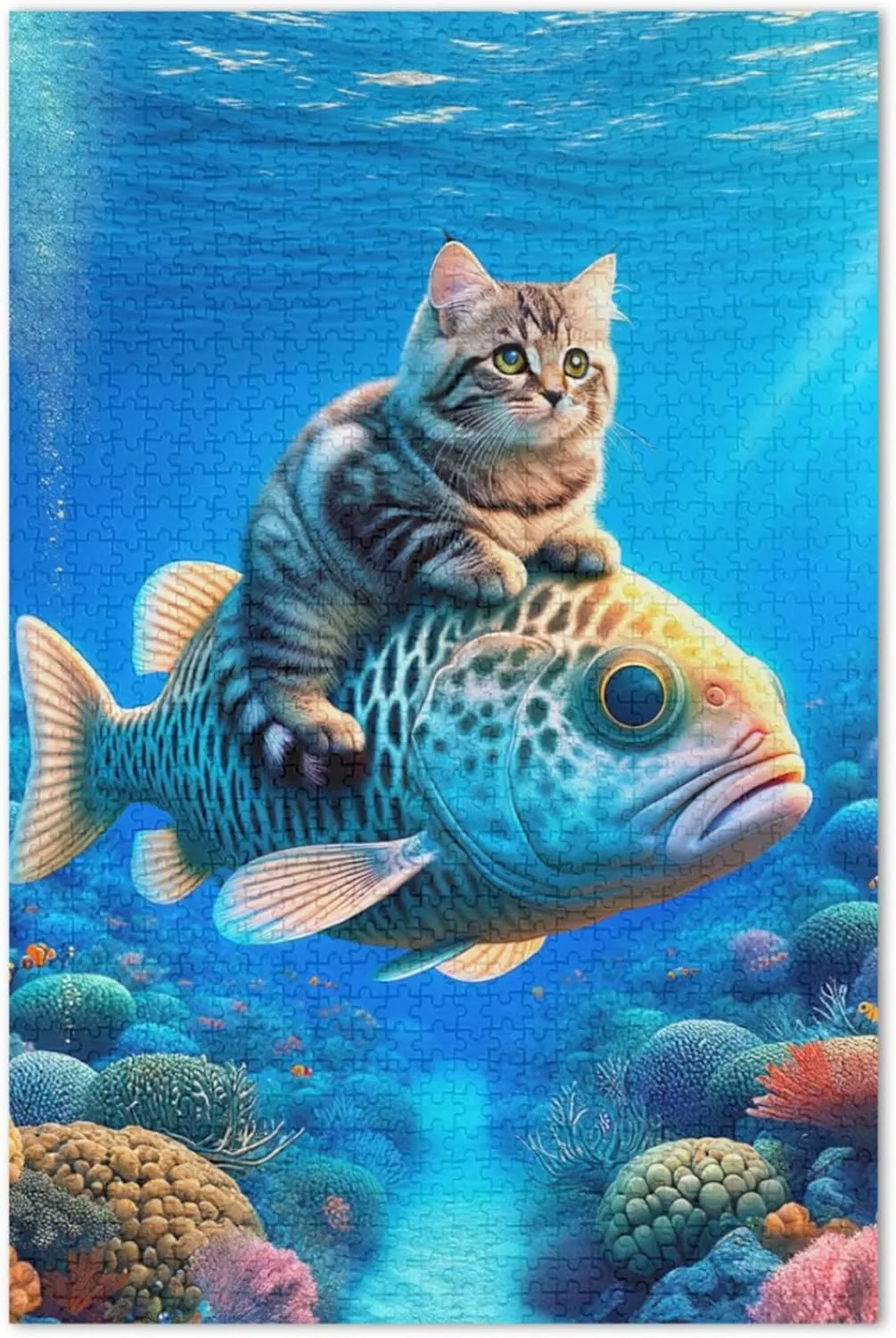 Cute Cat Riding Fish 1000 Piece Jigsaw Puzzle Adults Home Decor Art Family Puzzles Game Puzzle Gifts, 29.5x19.7 Inch