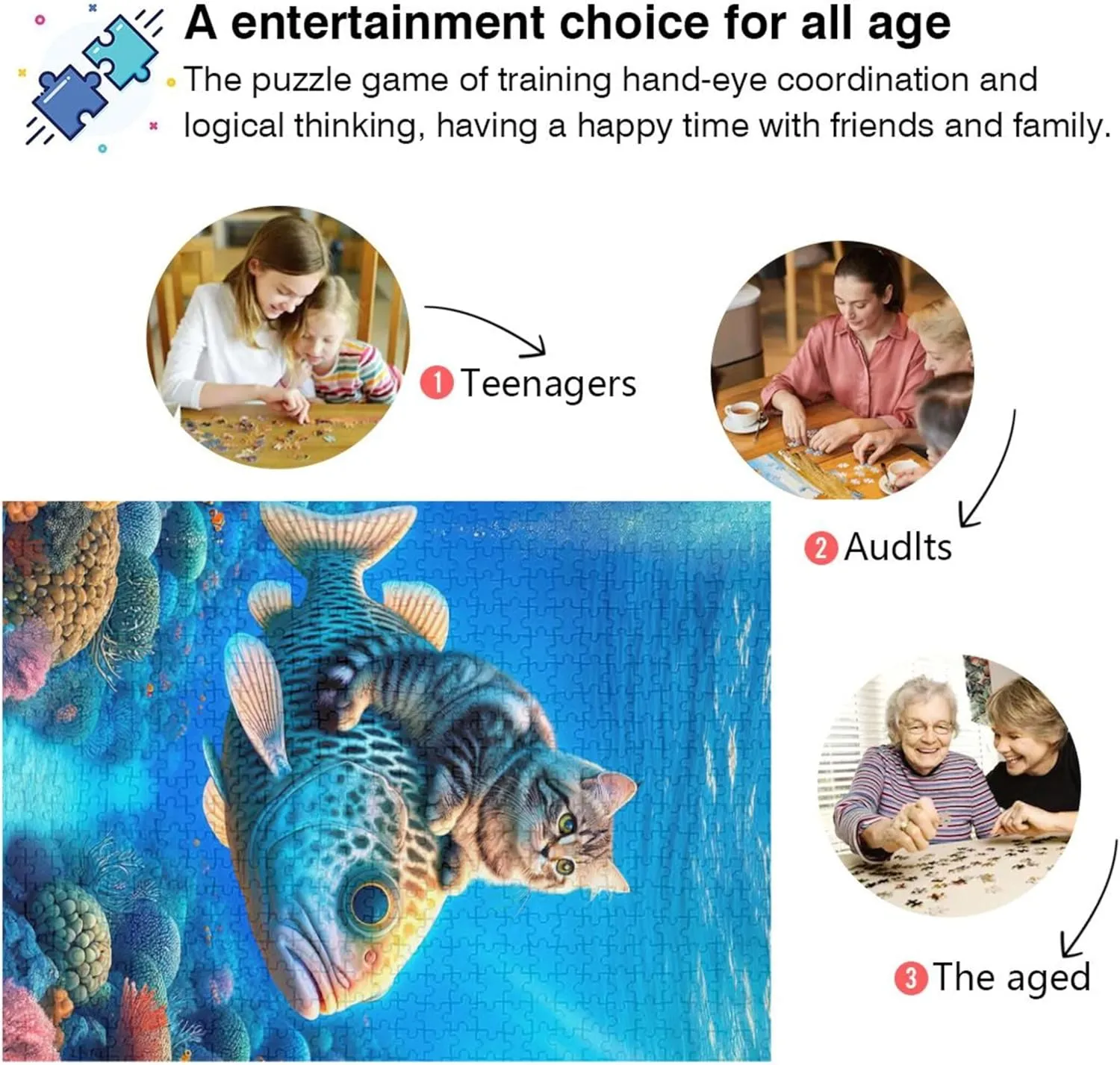 Cute Cat Riding Fish 1000 Piece Jigsaw Puzzle Adults Home Decor Art Family Puzzles Game Puzzle Gifts, 29.5x19.7 Inch