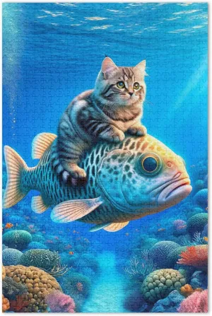 Cute Cat Riding Fish 1000 Piece Jigsaw Puzzle Adults Home Decor Art Family Puzzles Game Puzzle Gifts, 29.5x19.7 Inch