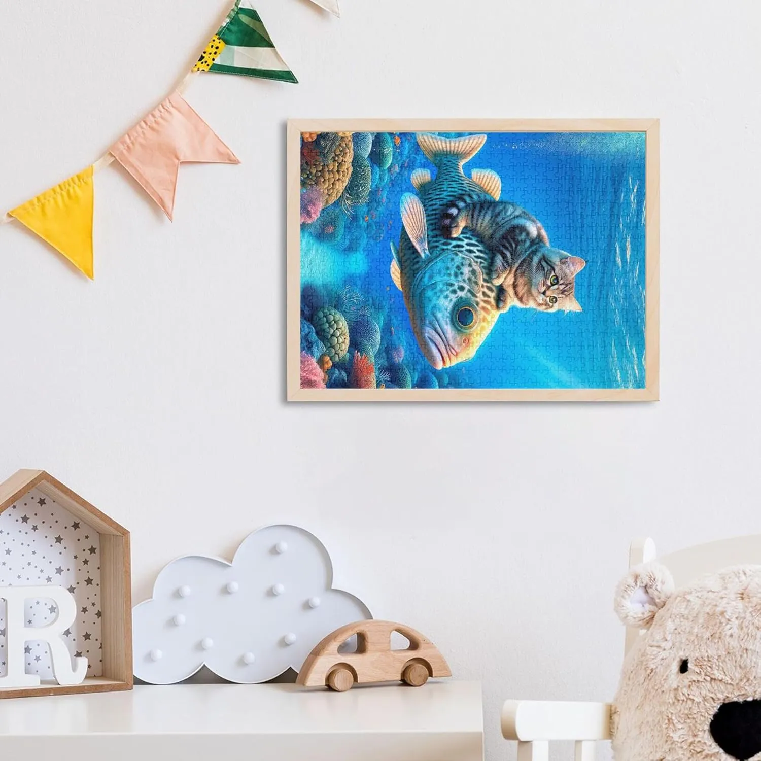 Cute Cat Riding Fish 1000 Piece Jigsaw Puzzle Adults Home Decor Art Family Puzzles Game Puzzle Gifts, 29.5x19.7 Inch