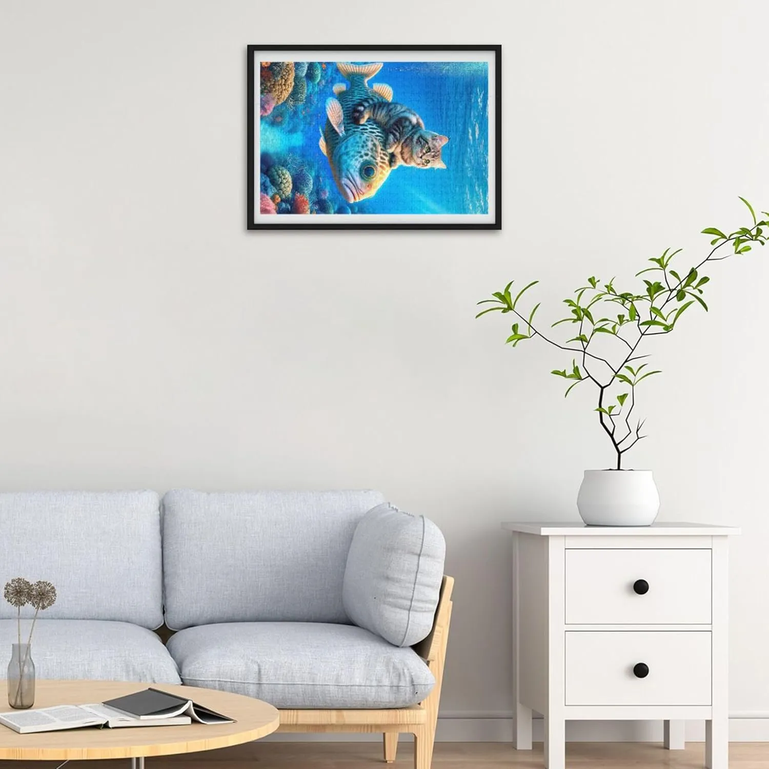 Cute Cat Riding Fish 1000 Piece Jigsaw Puzzle Adults Home Decor Art Family Puzzles Game Puzzle Gifts, 29.5x19.7 Inch