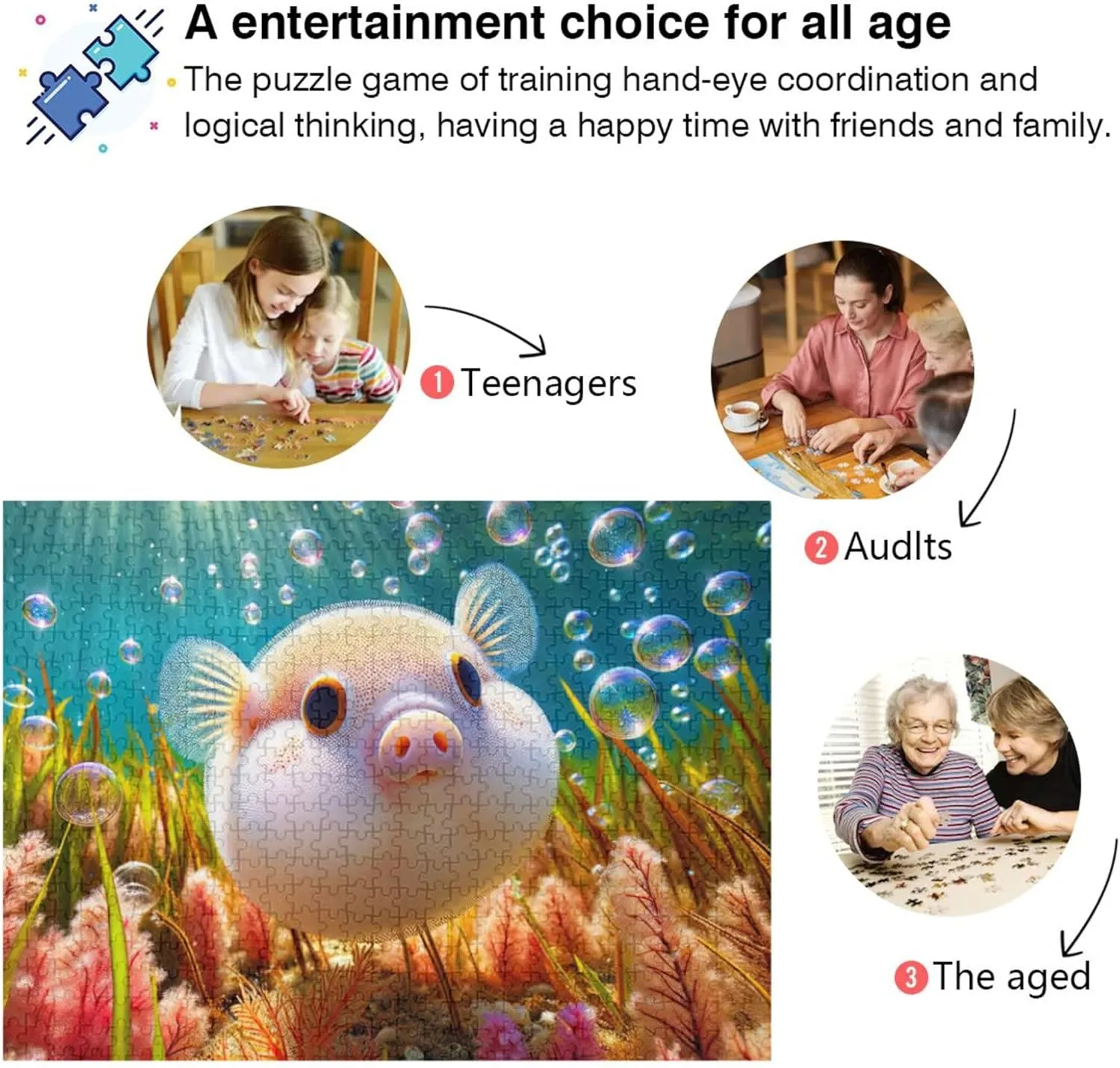 Cute Pufferfish Pig Ocean Jigsaw Puzzle for Adults 500 Pieces Game Tech Gifts Unique Puzzles Fine Art Painting, 20.5x14.9 Inch