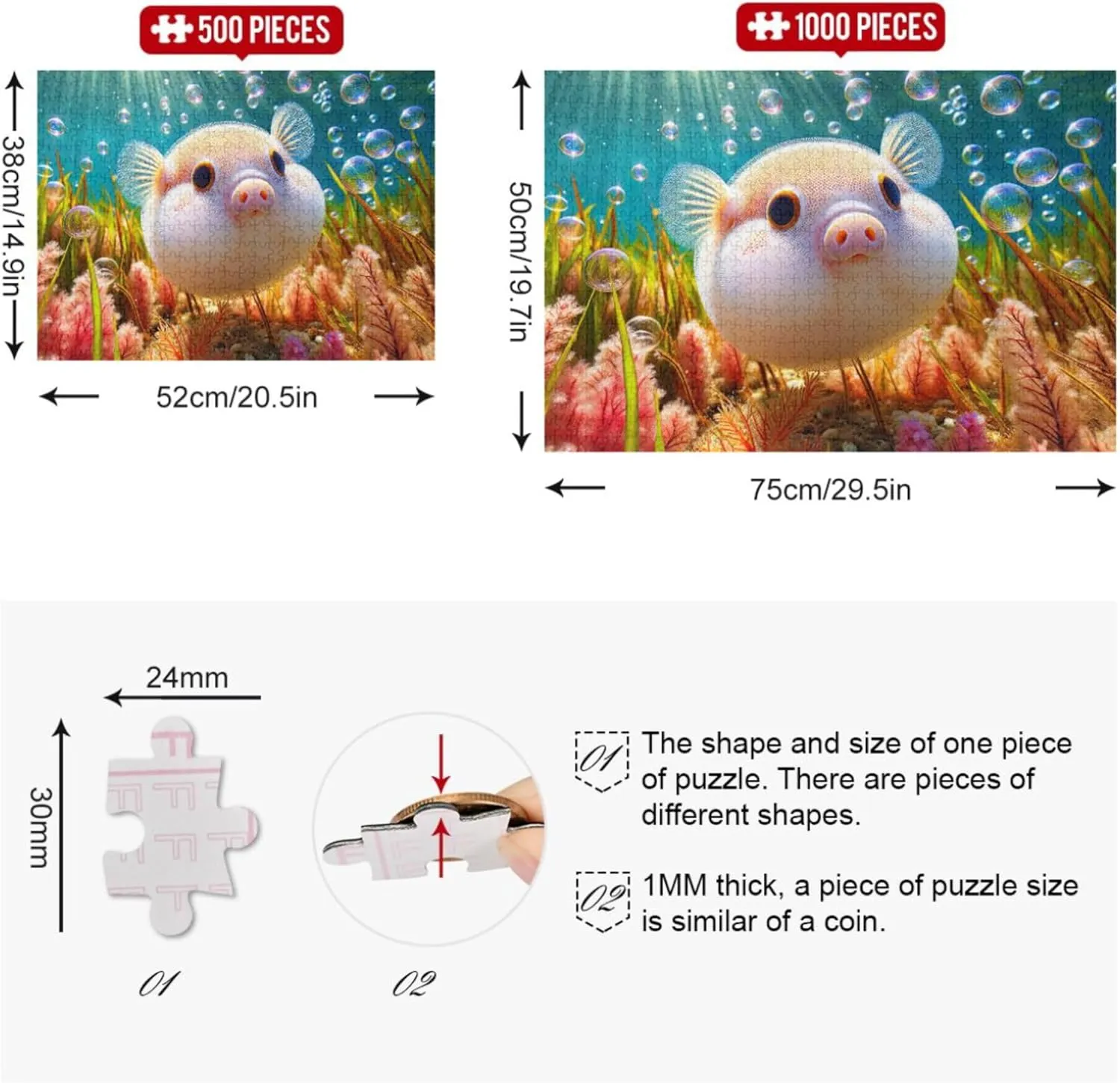 Cute Pufferfish Pig Ocean Jigsaw Puzzle for Adults 500 Pieces Game Tech Gifts Unique Puzzles Fine Art Painting, 20.5x14.9 Inch