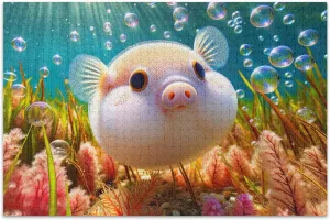 Cute Pufferfish Pig Ocean Jigsaw Puzzle for Adults 500 Pieces Game Tech Gifts Unique Puzzles Fine Art Painting, 20.5x14.9 Inch