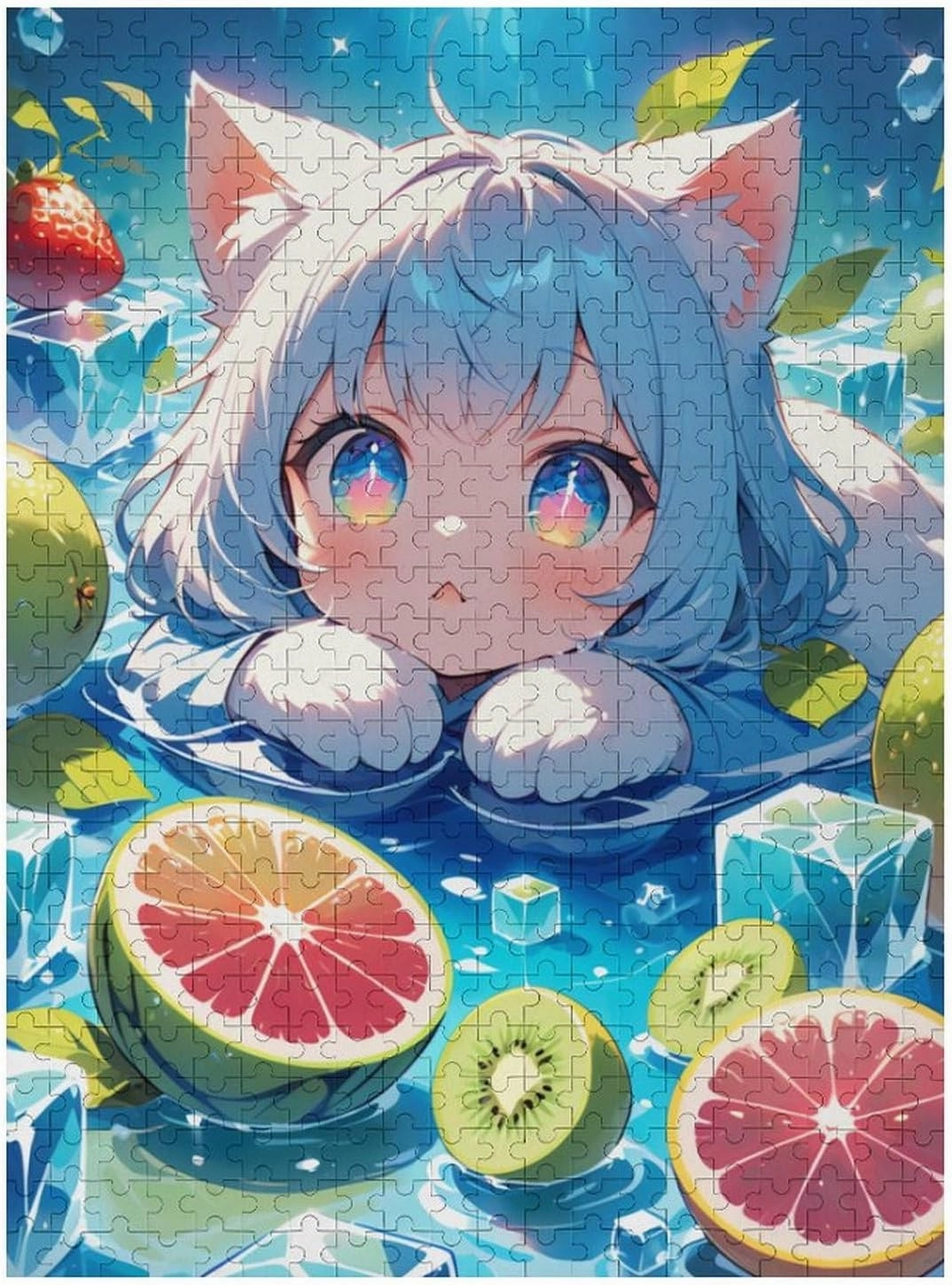 Cute Kitten Lying Among Floating Transparent Ice Cubes Wooden Puzzle - 500 PCS Puzzle for Adults and Seniors - Fun Wall Art - Unique Gift - Great Gift for Puzzle Lovers