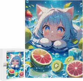Cute Kitten Lying Among Floating Transparent Ice Cubes Wooden Puzzle - 500 PCS Puzzle for Adults and Seniors - Fun Wall Art - Unique Gift - Great Gift for Puzzle Lovers