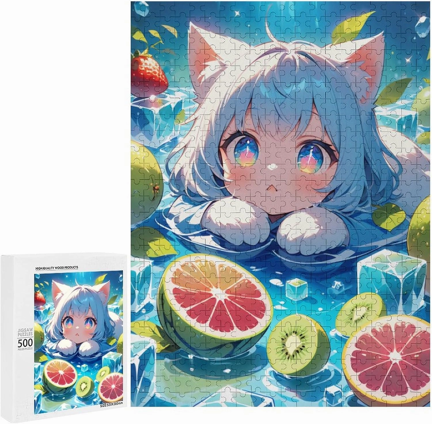 Cute Kitten Lying Among Floating Transparent Ice Cubes Wooden Puzzle - 500 PCS Puzzle for Adults and Seniors - Fun Wall Art - Unique Gift - Great Gift for Puzzle Lovers