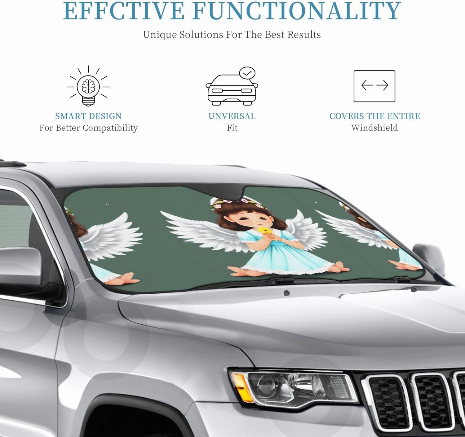 Cute Little Angel Print Car Windshield Sun Shade, Vehicle Front Window Shield Cover Sun Visor Protection