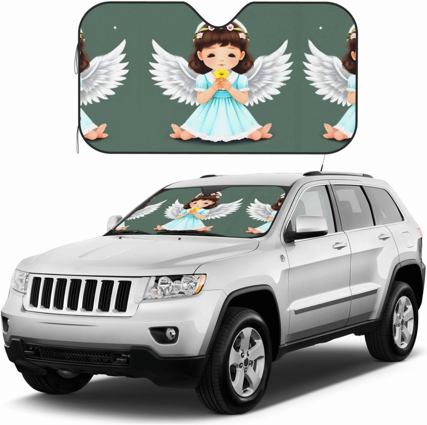 Cute Little Angel Print Car Windshield Sun Shade, Vehicle Front Window Shield Cover Sun Visor Protection
