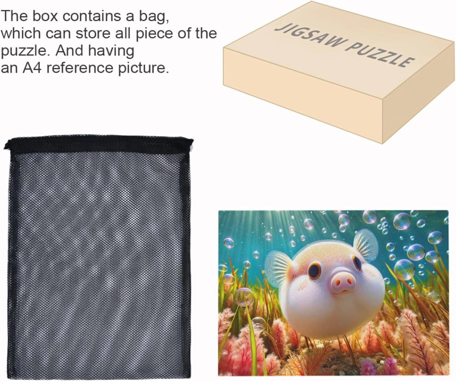 Cute Pufferfish Pig Ocean Custom Jigsaw Adult Puzzles 1000 Pieces White Elephant Gifts Funny Cool Unique Puzzles Toy Game Artwork, 29.5" x 19.7"