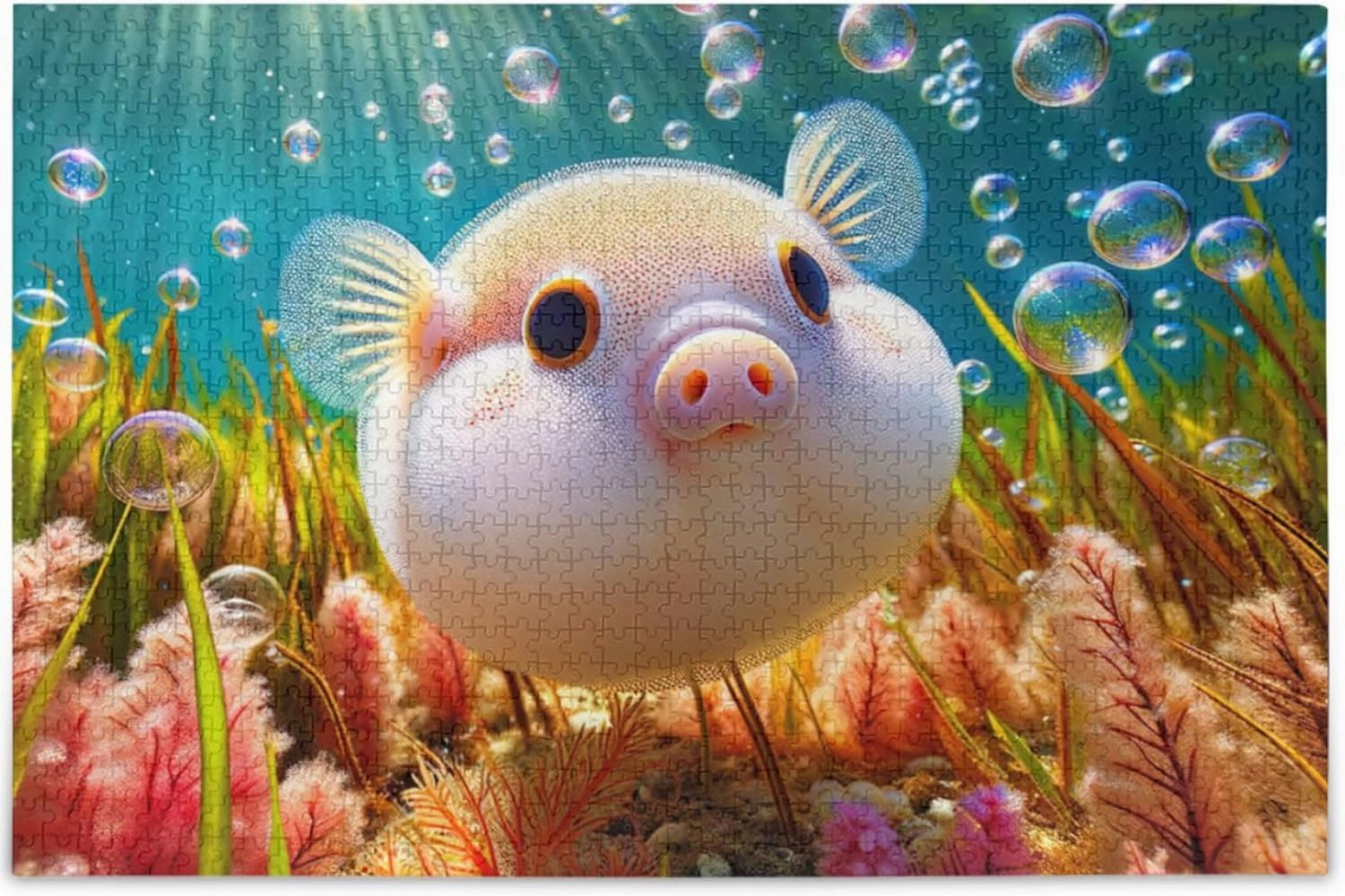 Cute Pufferfish Pig Ocean Custom Jigsaw Adult Puzzles 1000 Pieces White Elephant Gifts Funny Cool Unique Puzzles Toy Game Artwork, 29.5" x 19.7"