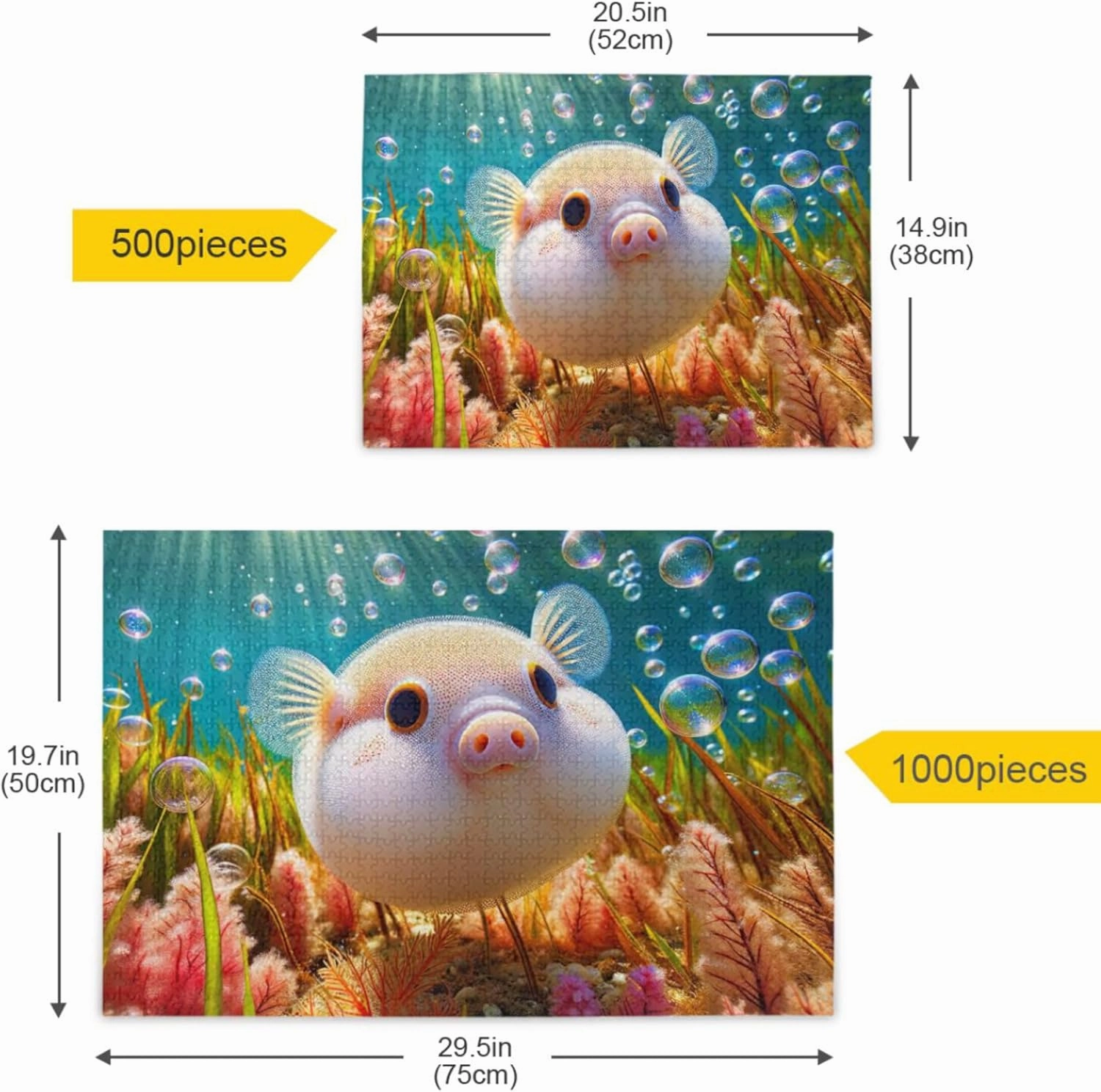 Cute Pufferfish Pig Ocean Custom Jigsaw Adult Puzzles 1000 Pieces White Elephant Gifts Funny Cool Unique Puzzles Toy Game Artwork, 29.5" x 19.7"
