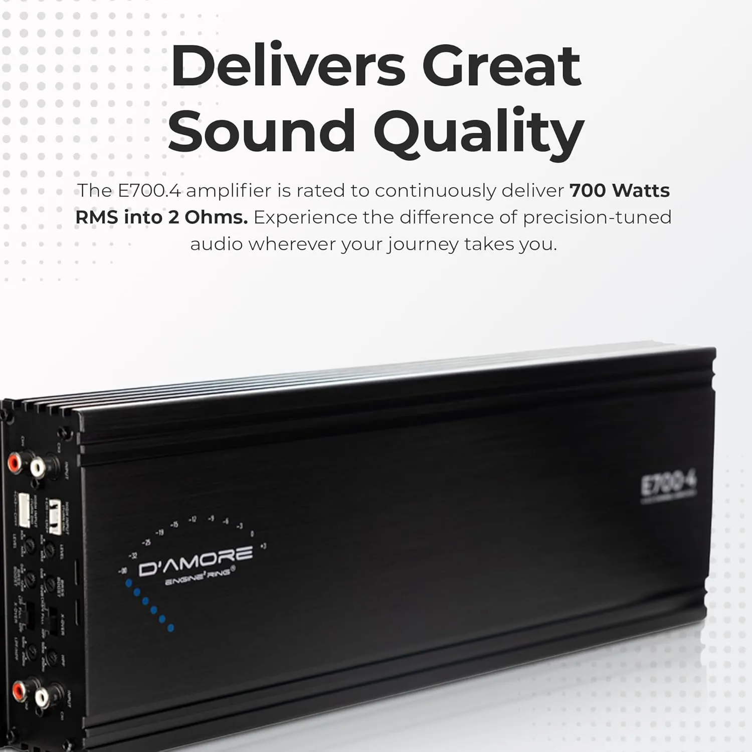 D’Amore Engineering - 4 Channel Car Audio Amplifier, 700 Watt Amp Car Audio with 2 Ohms Stable, Clean D Amplifier Technology & MOSFET Power Supply (E700.4)