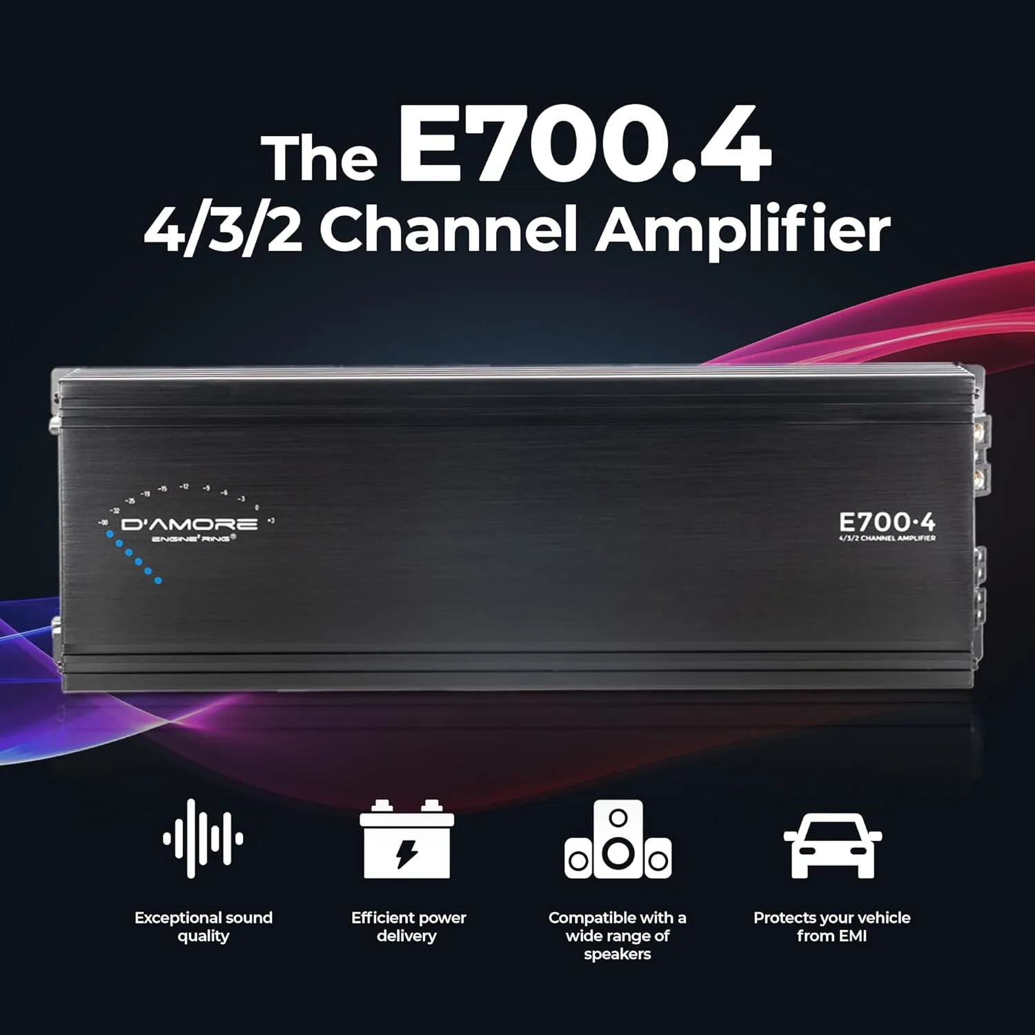 D’Amore Engineering - 4 Channel Car Audio Amplifier, 700 Watt Amp Car Audio with 2 Ohms Stable, Clean D Amplifier Technology & MOSFET Power Supply (E700.4)