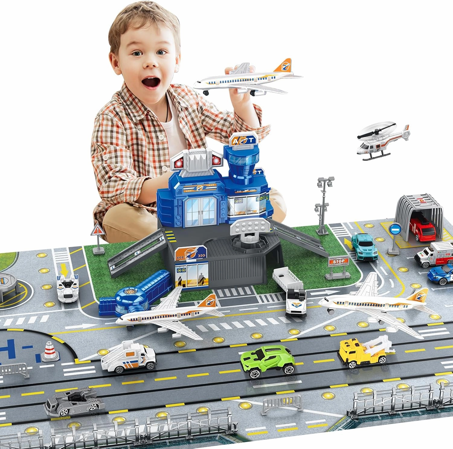 deAO Airplane Toys for Kids with Trucks, Helicopter,Planes, Signs,Fire Trucks Race Cars and Airport Playmat,Great Military Toys Gift for 3 4 5 6 Boys Girls Kids