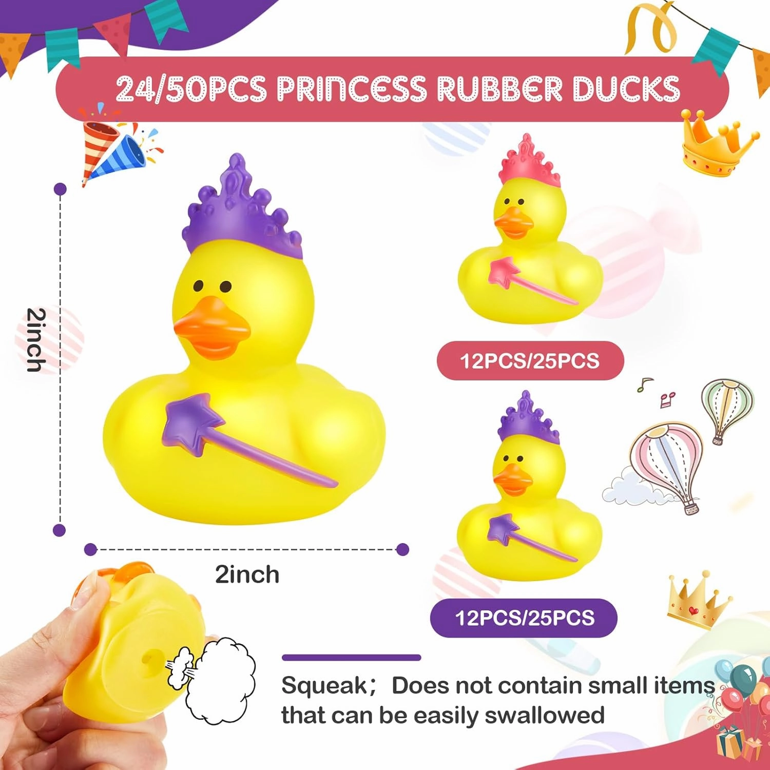 DEEKIN 50 Pcs 2" Princess Rubber Ducks Pink and Purple Cool Rubber Ducky Bulk Assorted Themed Cute Princess Bath Toys for Party Bath Tub Pool Favors Dashboard Decoration Christmas Birthday Gift