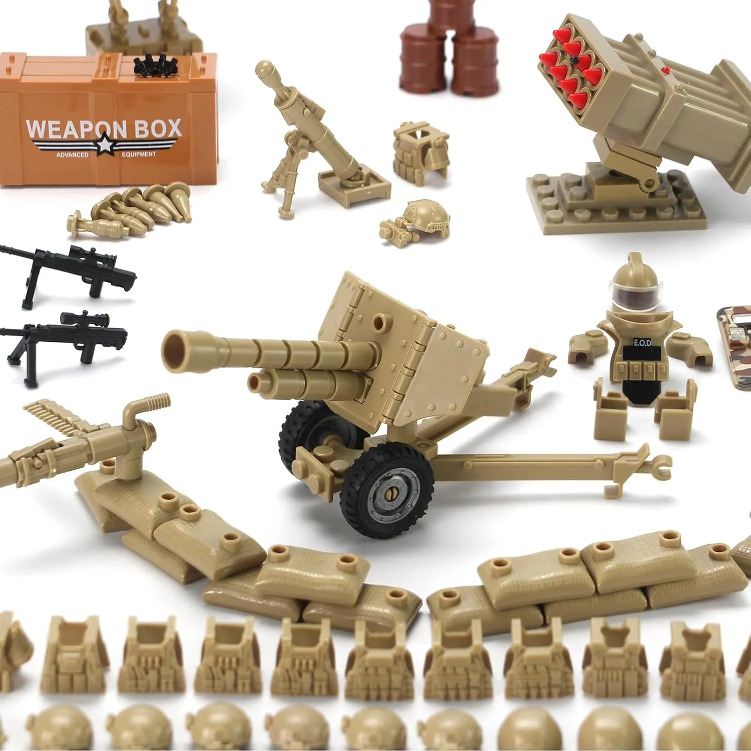 Desert Tan Army Accessories Kit 325 Pcs Military Weapons Pack Gear E.O.D Suit NVD Helmet Shipping Container Armory Building Bricks Block Toy for Soldiers Compatible with Major Brands