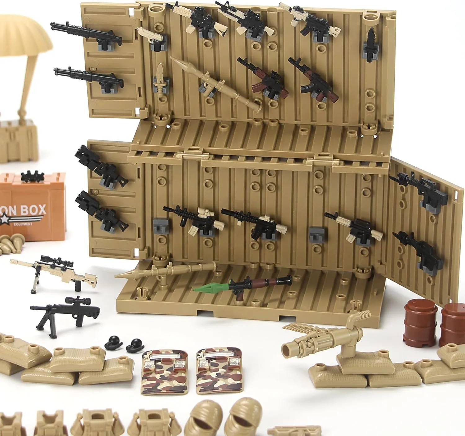 Desert Tan Army Accessories Kit 325 Pcs Military Weapons Pack Gear E.O.D Suit NVD Helmet Shipping Container Armory Building Bricks Block Toy for Soldiers Compatible with Major Brands
