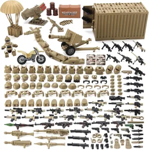 Desert Tan Army Accessories Kit 325 Pcs Military Weapons Pack Gear E.O.D Suit NVD Helmet Shipping Container Armory Building Bricks Block Toy for Soldiers Compatible with Major Brands