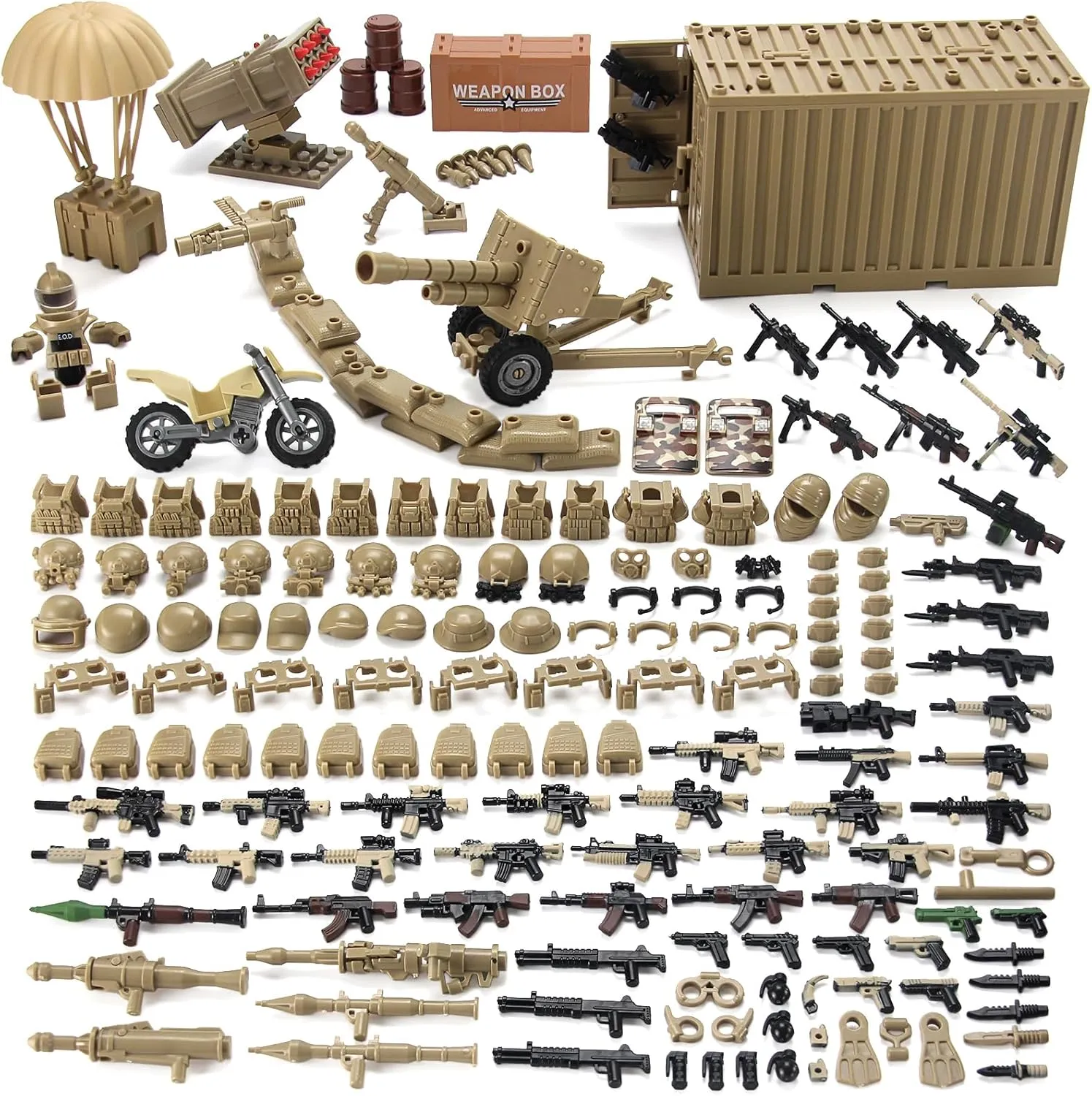 Desert Tan Army Accessories Kit 325 Pcs Military Weapons Pack Gear E.O.D Suit NVD Helmet Shipping Container Armory Building Bricks Block Toy for Soldiers Compatible with Major Brands