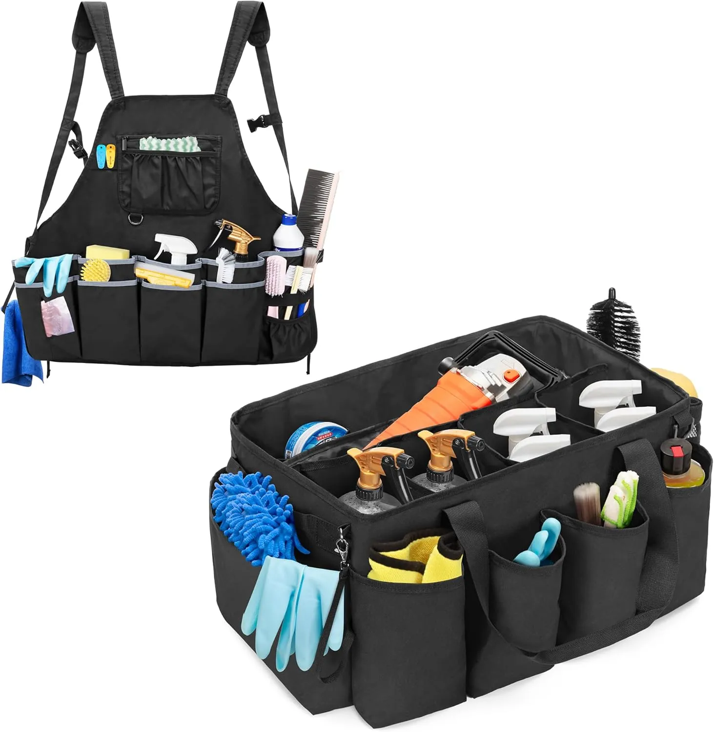 Detailing Bag & Large Cleaning Apron, Black Detail Bag Car Care Box with Polisher Carry Bag & House Cleaning Apron with Dual Shoulder Straps for Cleaning Tools Products Storage