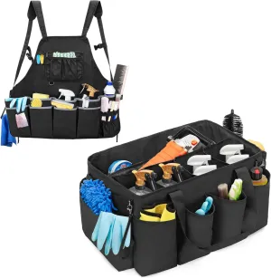 Detailing Bag & Large Cleaning Apron, Black Detail Bag Car Care Box with Polisher Carry Bag & House Cleaning Apron with Dual Shoulder Straps for Cleaning Tools Products Storage