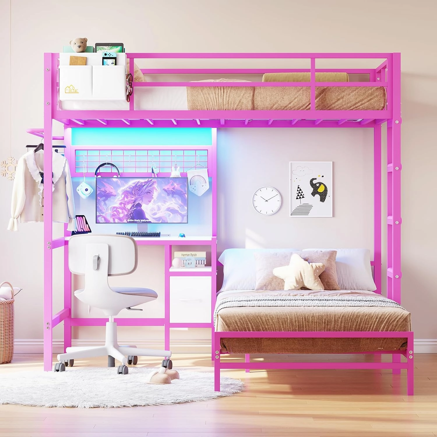 DICTAC Bunk Bed with Desk and Charging Station Metal Loft Bed Twin Size with Led Lights & Storage Shelves and Drawers L-Shaped Twin Over Twin Size Bunk Bed for Teen,Safety Guardrail and Ladder,Pink