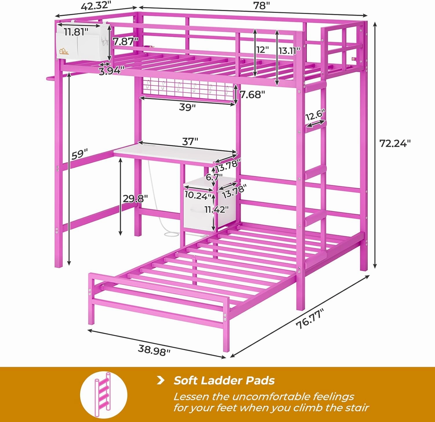 DICTAC Bunk Bed with Desk and Charging Station Metal Loft Bed Twin Size with Led Lights & Storage Shelves and Drawers L-Shaped Twin Over Twin Size Bunk Bed for Teen,Safety Guardrail and Ladder,Pink