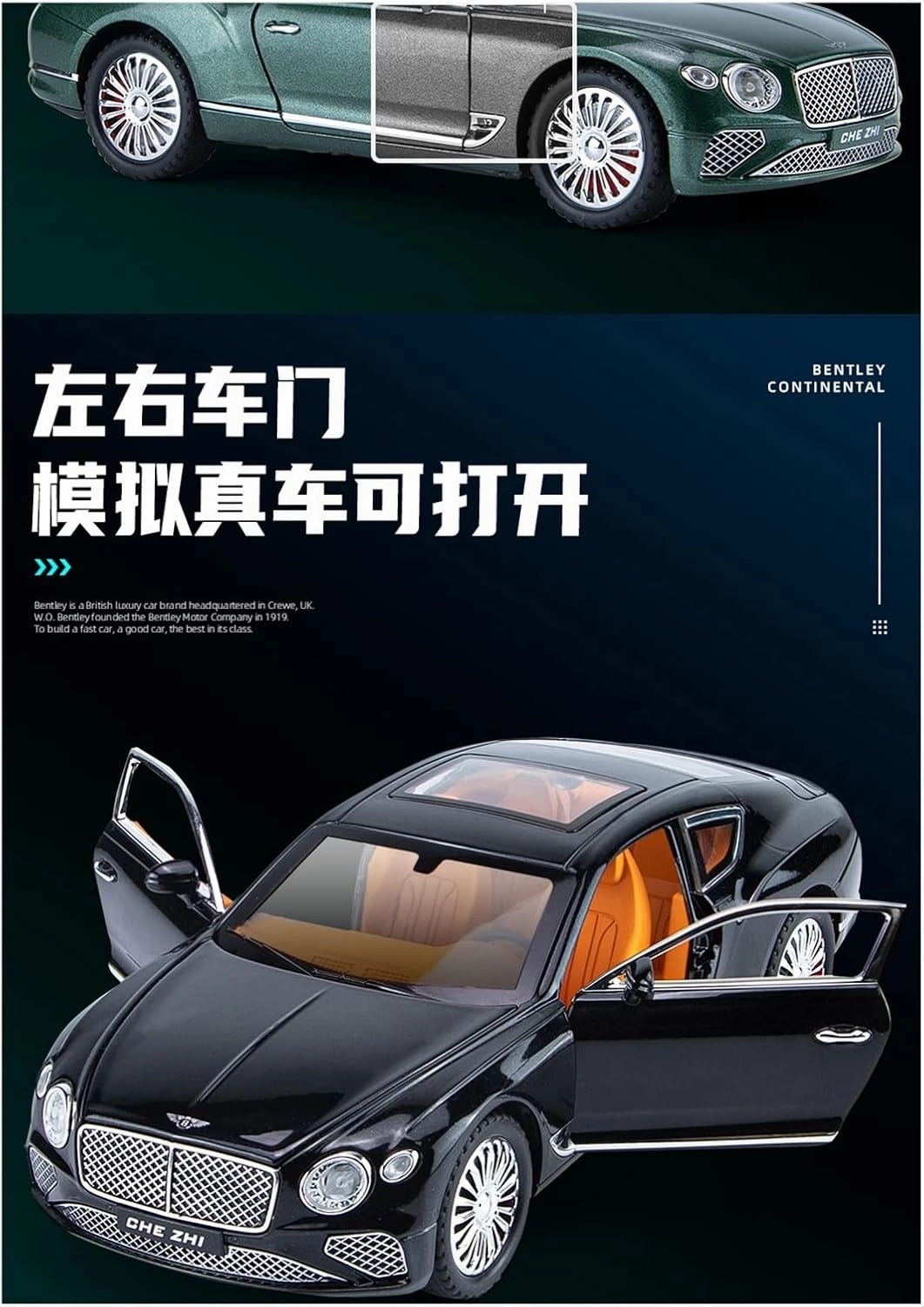 Die Casting 1:24 for Bentley Continental GT Mulsanne Bentayga Alloy Simulation Car Model Sound and Light Pull-Back Miniature Model Presents(Bentayga Black)